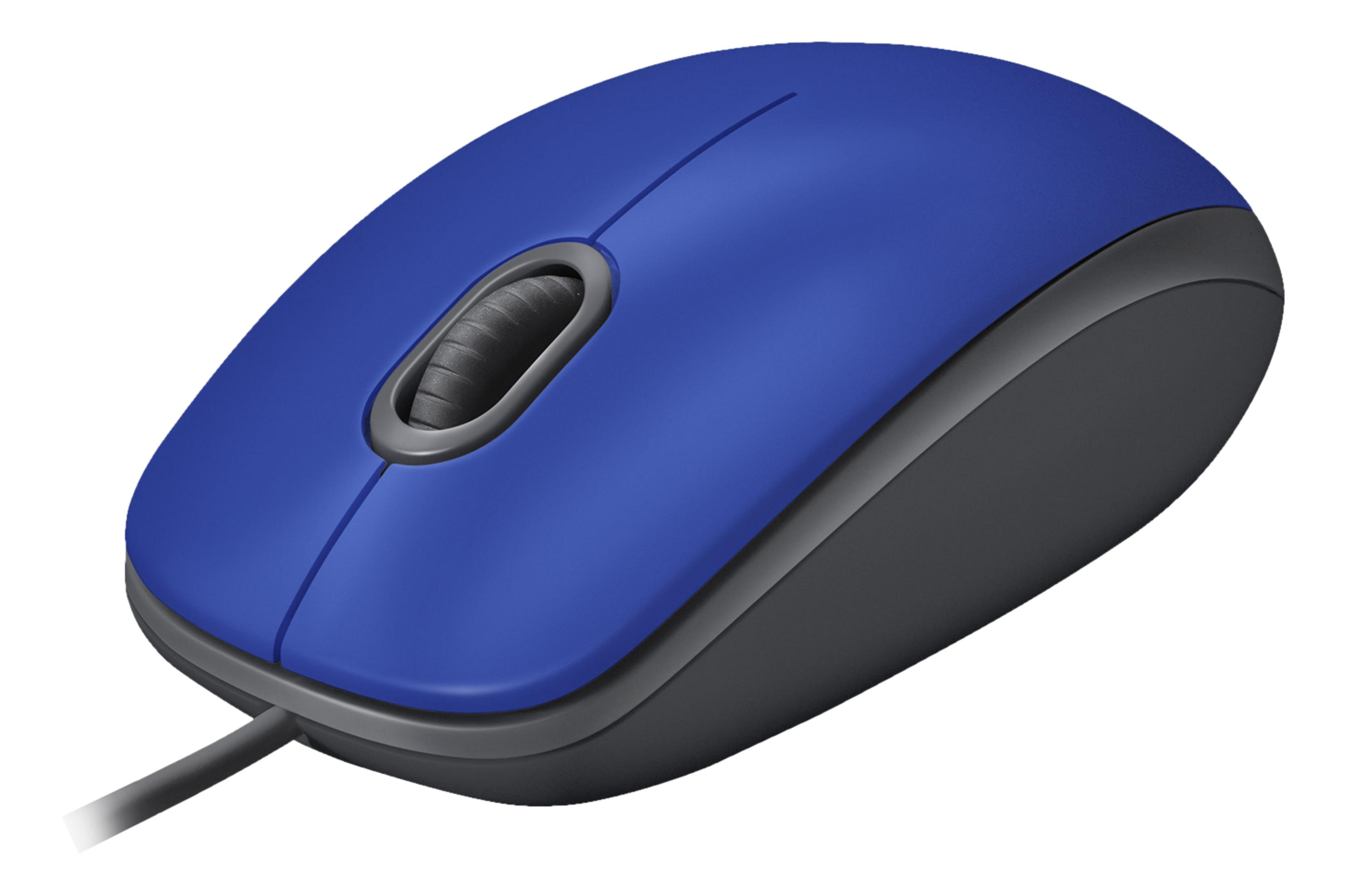 Eine blaue Computermaus mit einem grauen Scrollrad und Kabel.