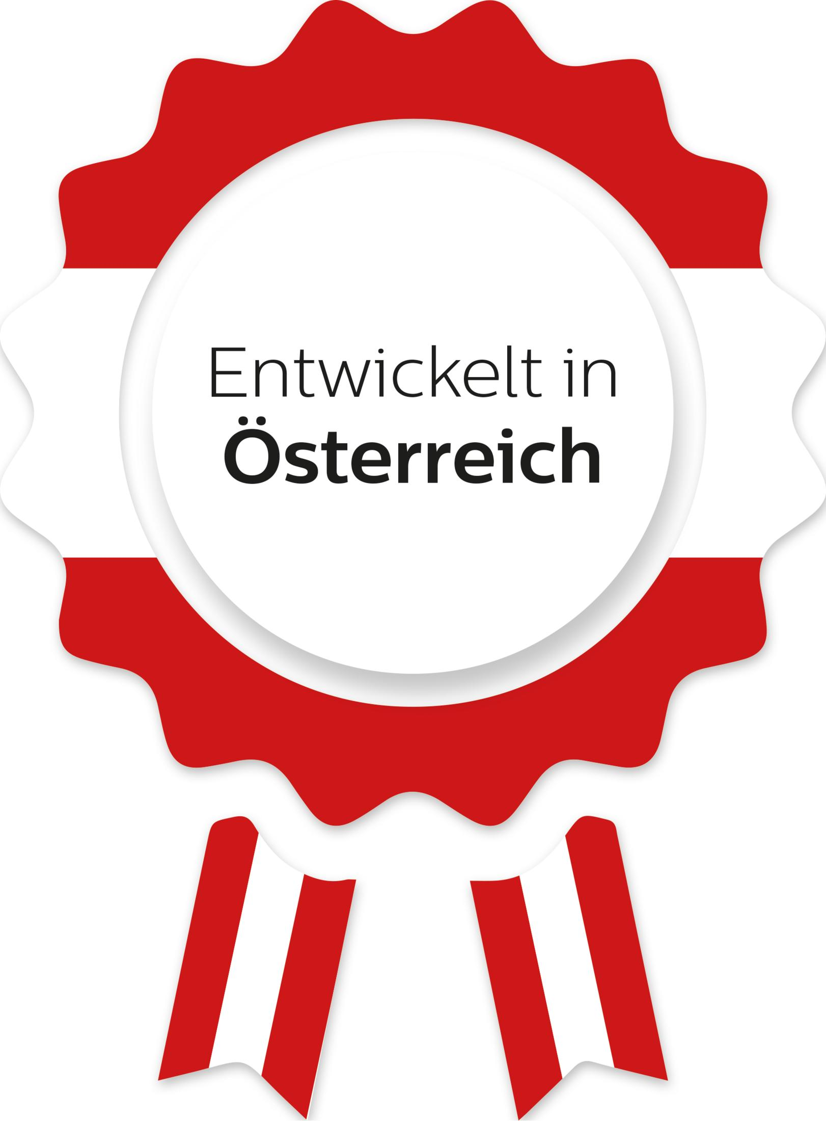 Czerwono-biała odznaka z napisem 'Entwickelt in Österreich'.