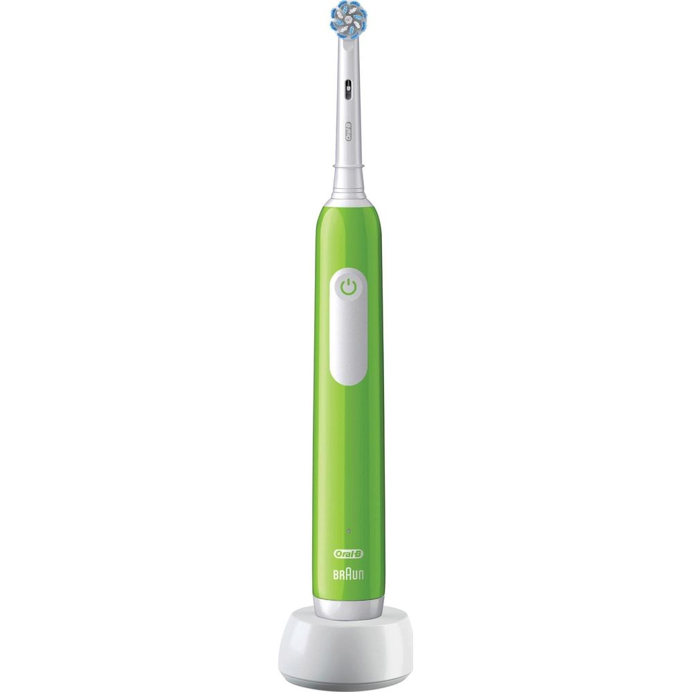 Zielona szczoteczka Oral-B ze stacją ładującą i niebieską główką.