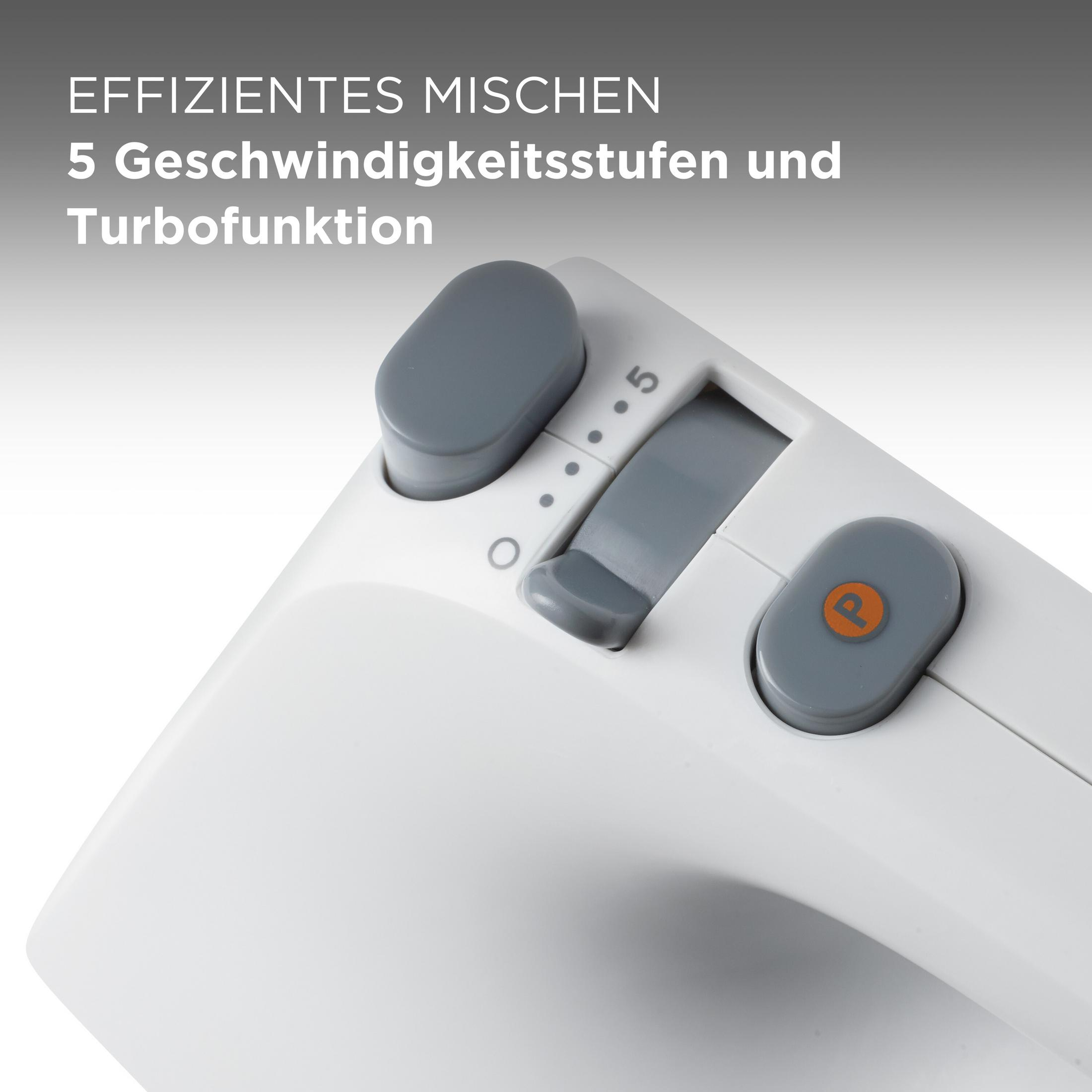 Nahaufnahme eines weißen Mixers mit grauen Bedienelementen und Geschwindigkeitsregler.