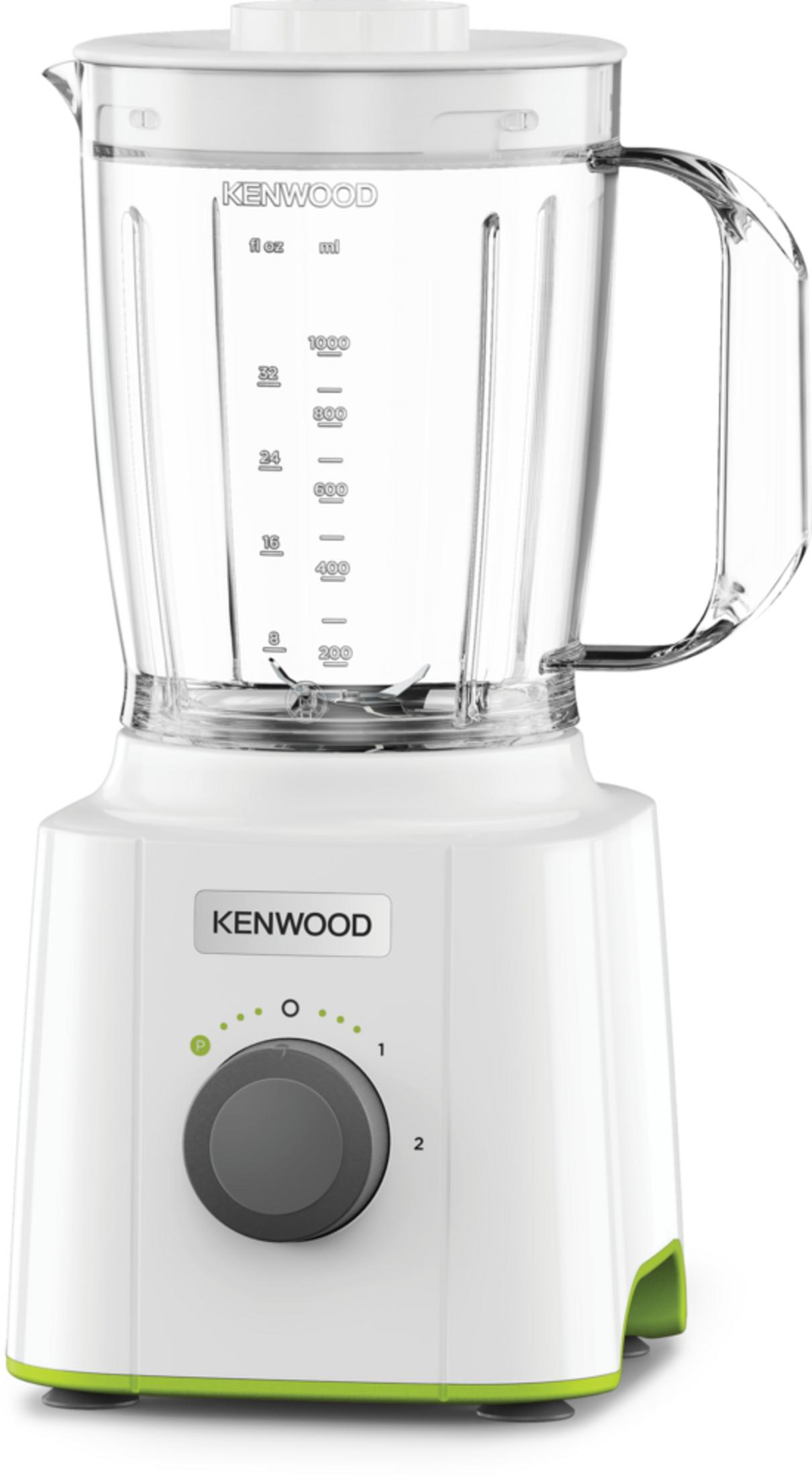 Biały blender Kenwood z szarym pokrętłem i zielonymi akcentami.