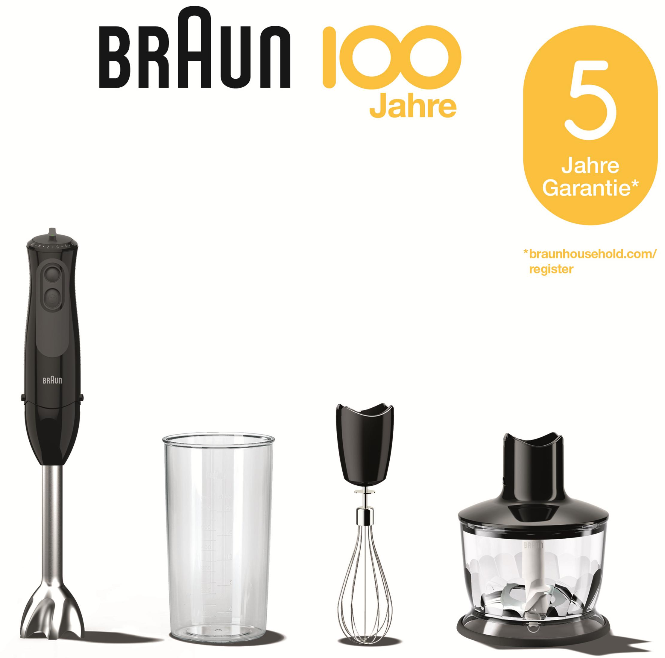 Blender ręczny Braun z akcesoriami: kubek, trzepaczka, siekacz.