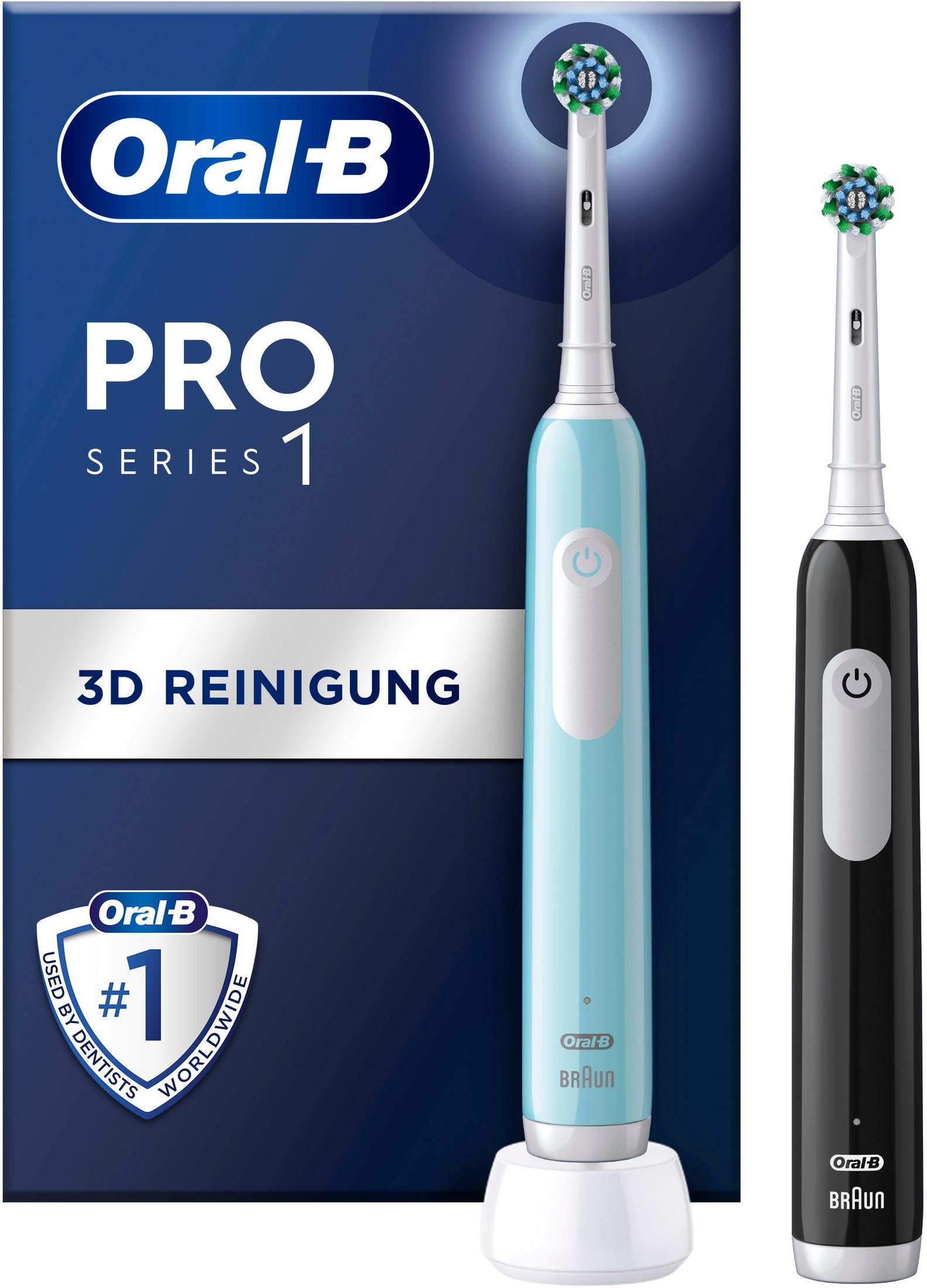 Dwie elektryczne szczoteczki do zębów Oral-B Pro Series 1, jedna niebieska, jedna czarna.