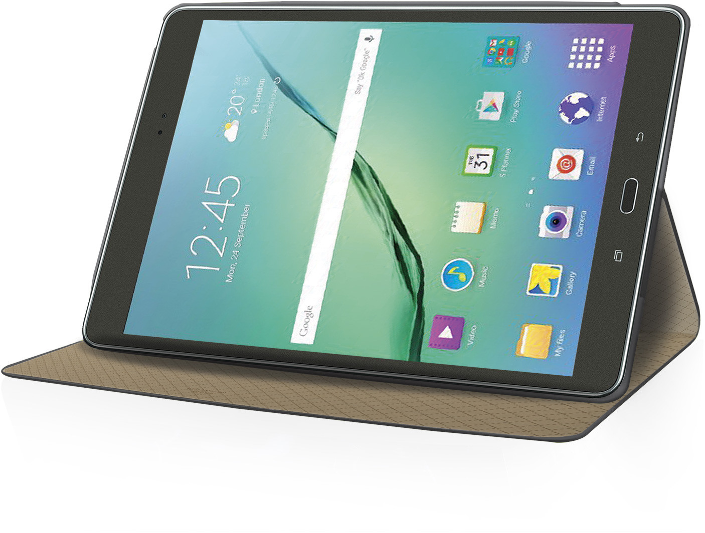 Ein schwarzes Tablet mit offenem braunem Ständer zeigt den Startbildschirm mit Apps.