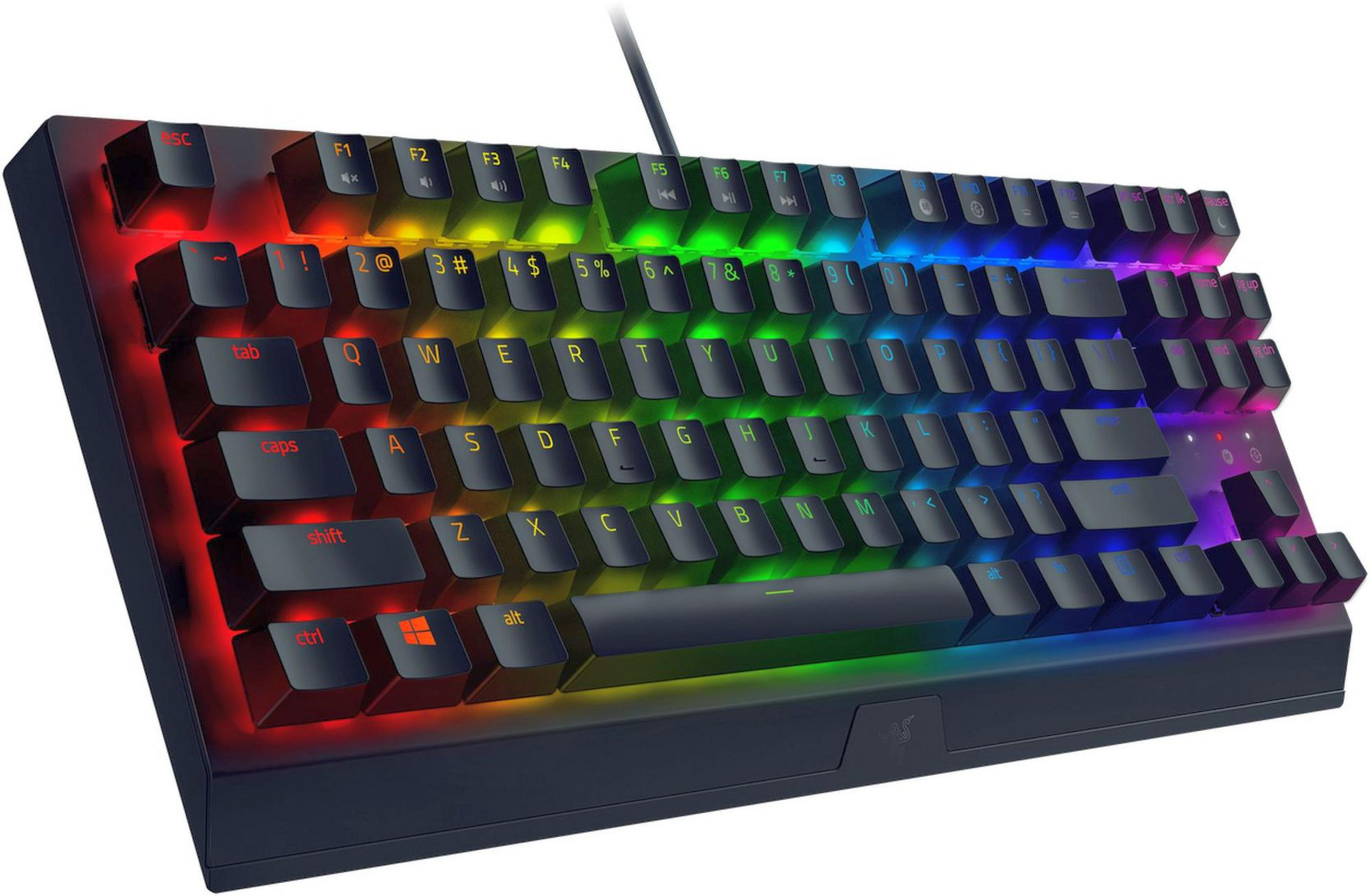 A black mechanical keyboard with vibrant RGB backlighting in a rainbow gradient.