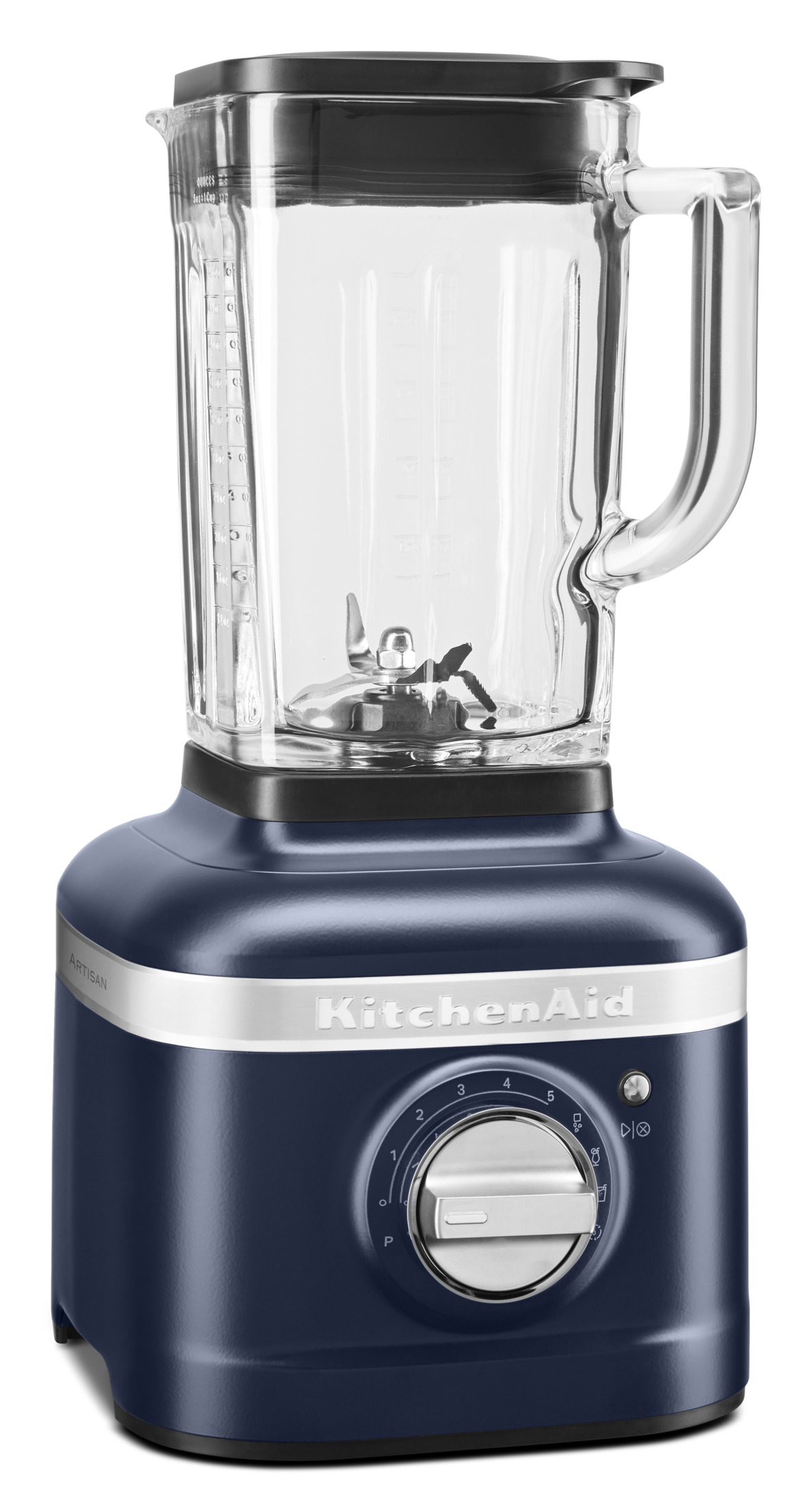 Dark blue KitchenAid blender with glass jar, metal blades, and a dial control.