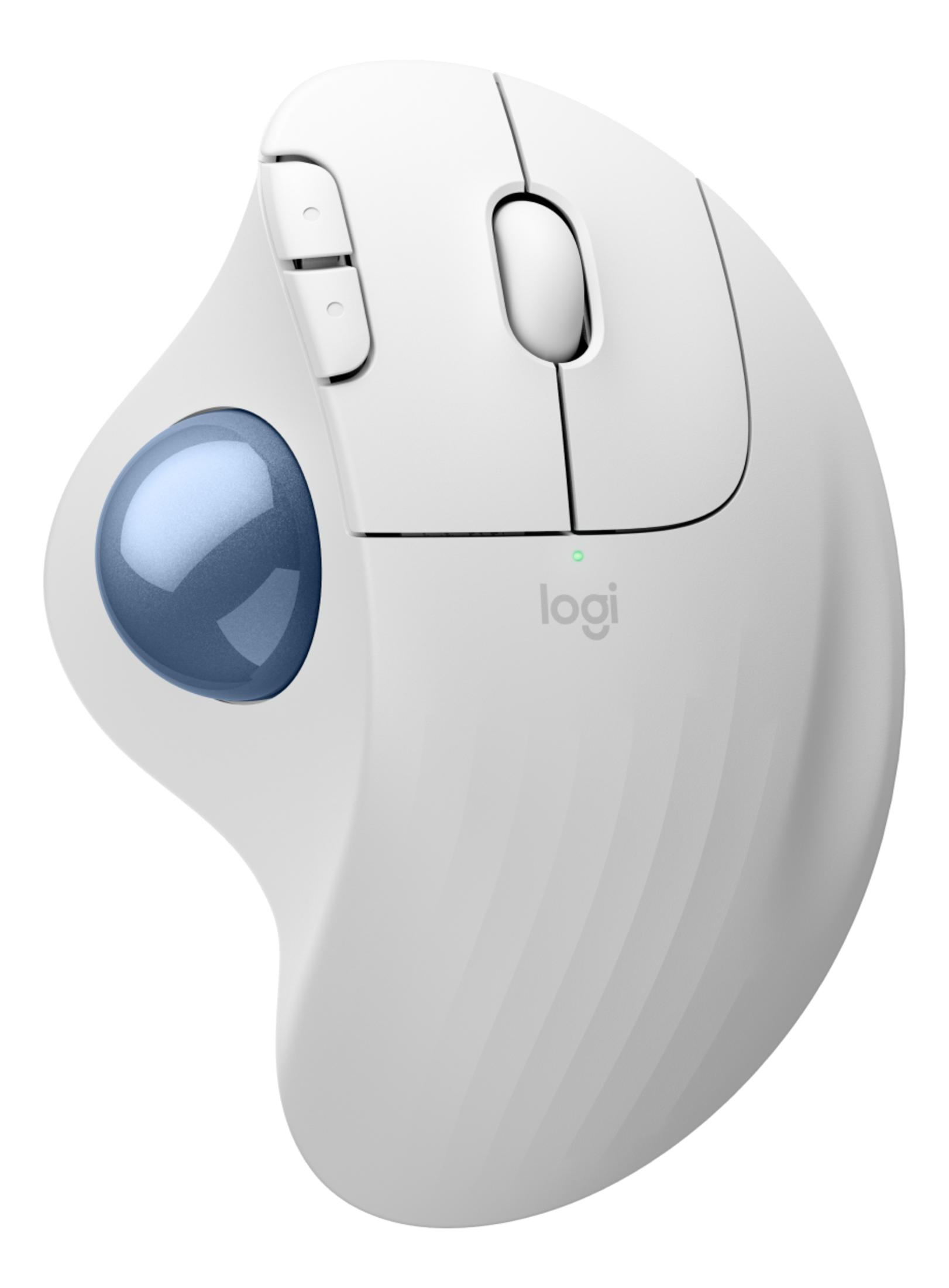 Biała mysz Logitech z kulką trackballa, niebieską kulką i kółkiem.