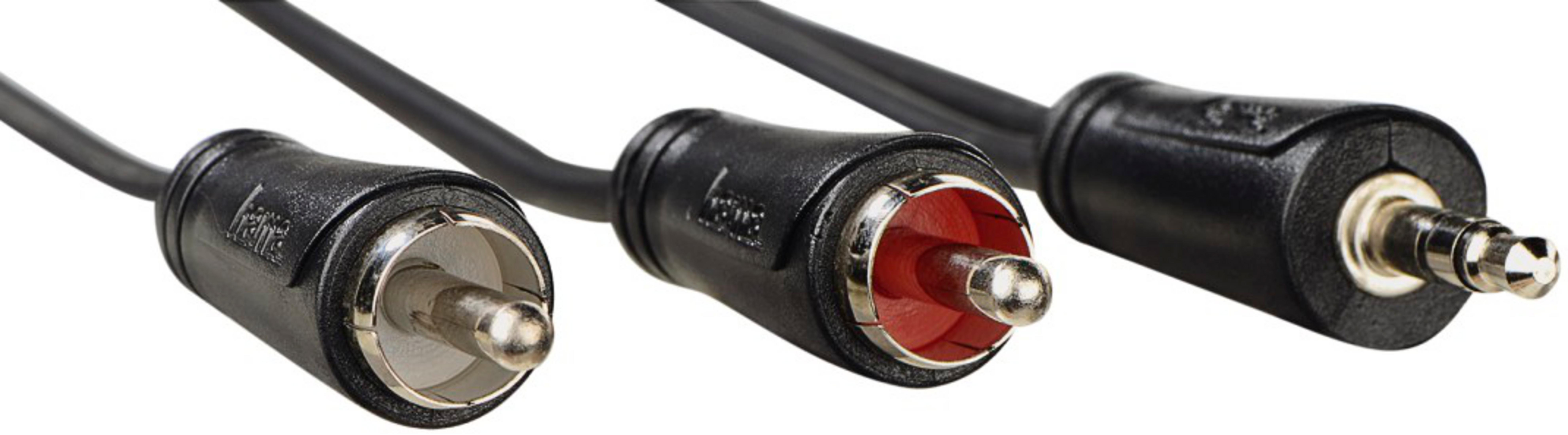Un cavo audio nero con due spine RCA e una spina jack.