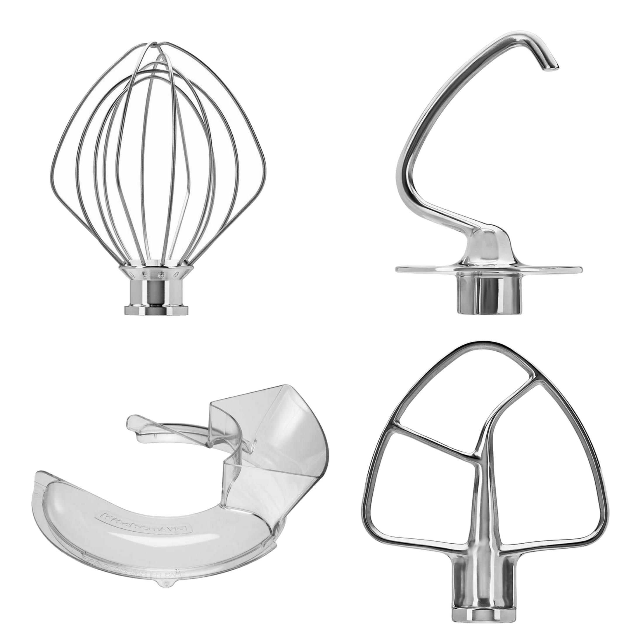 Cztery akcesoria miksera: trzepaczka, hak do ciasta, mieszadło, osłona.