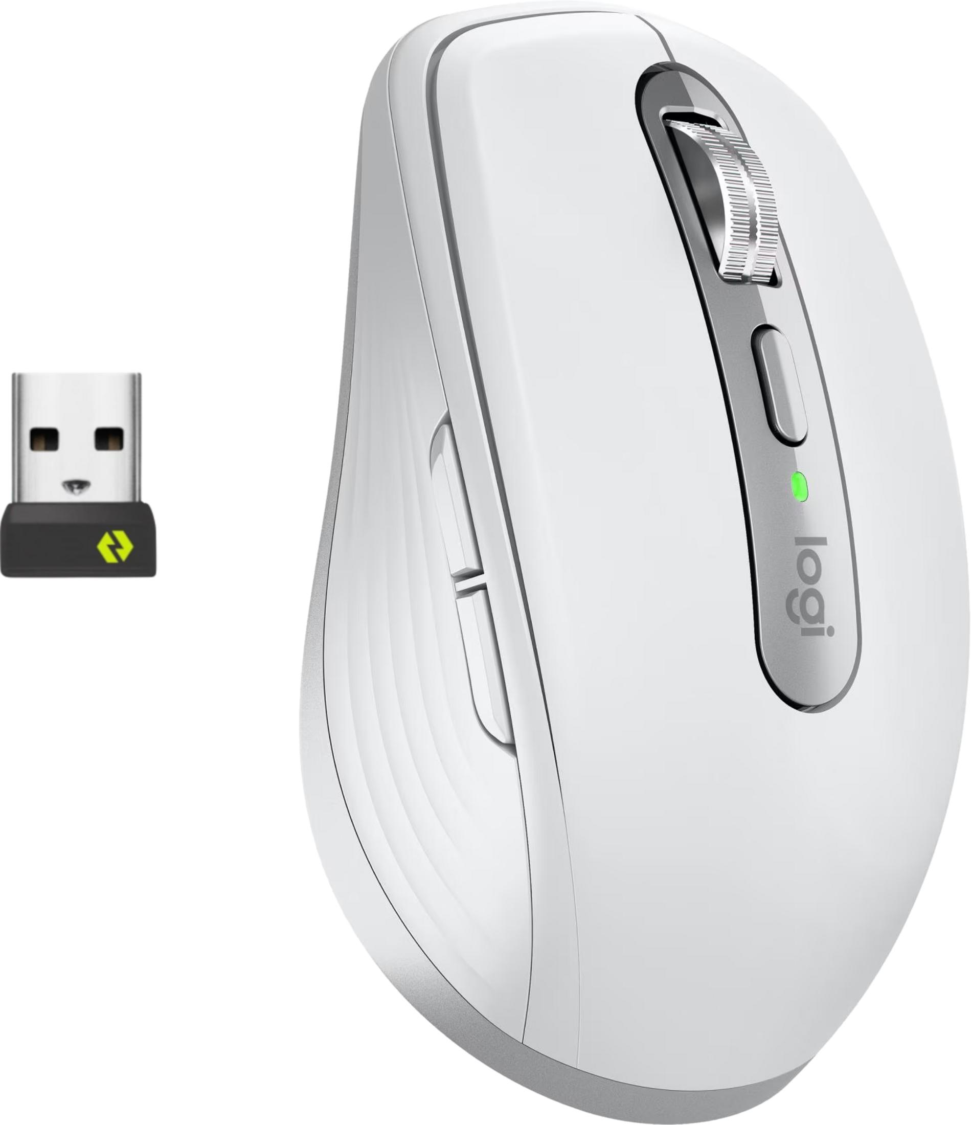 Biała mysz Logitech i odbiornik USB na białym tle.