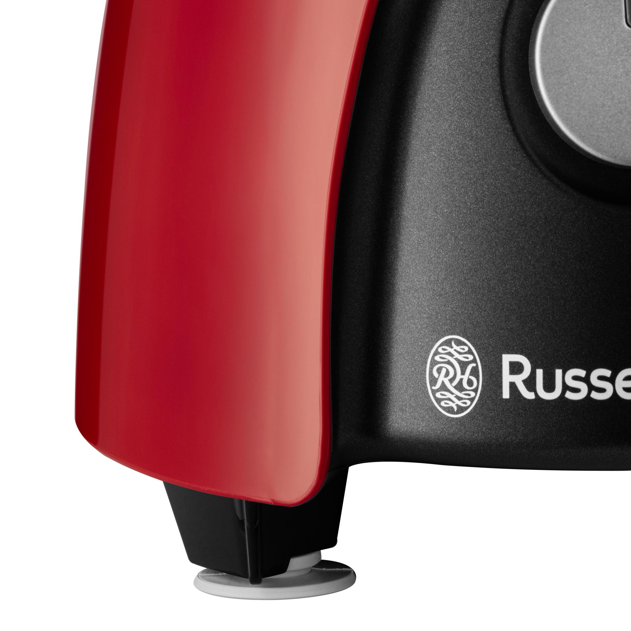 Un apparecchio rosso e nero con logo e nome Russell.