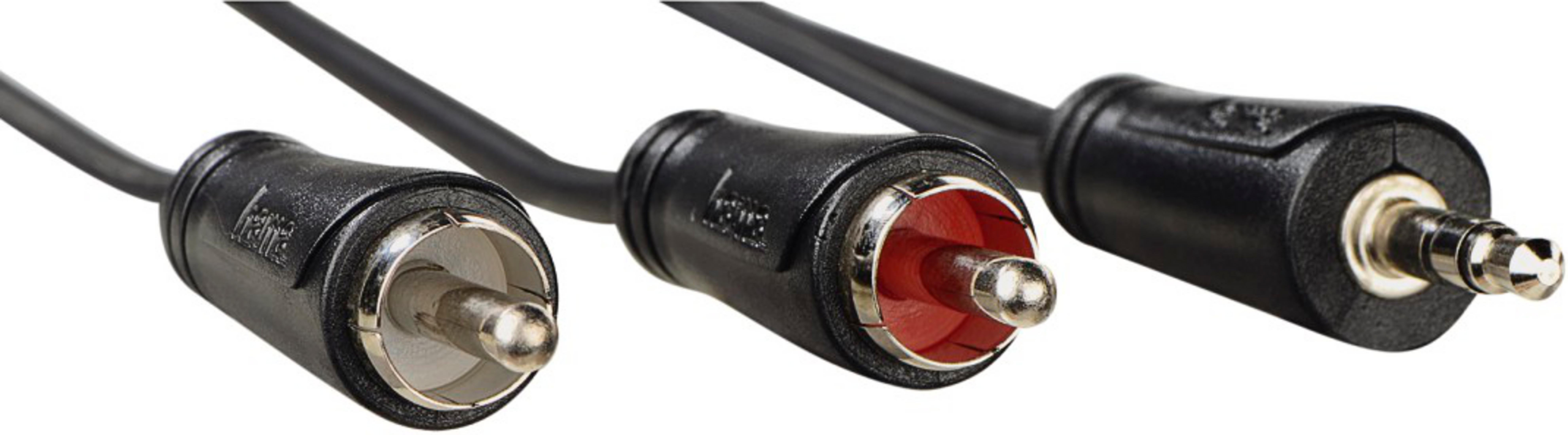 Un cable de audio negro con dos conectores RCA y un conector jack de 3,5 mm.
