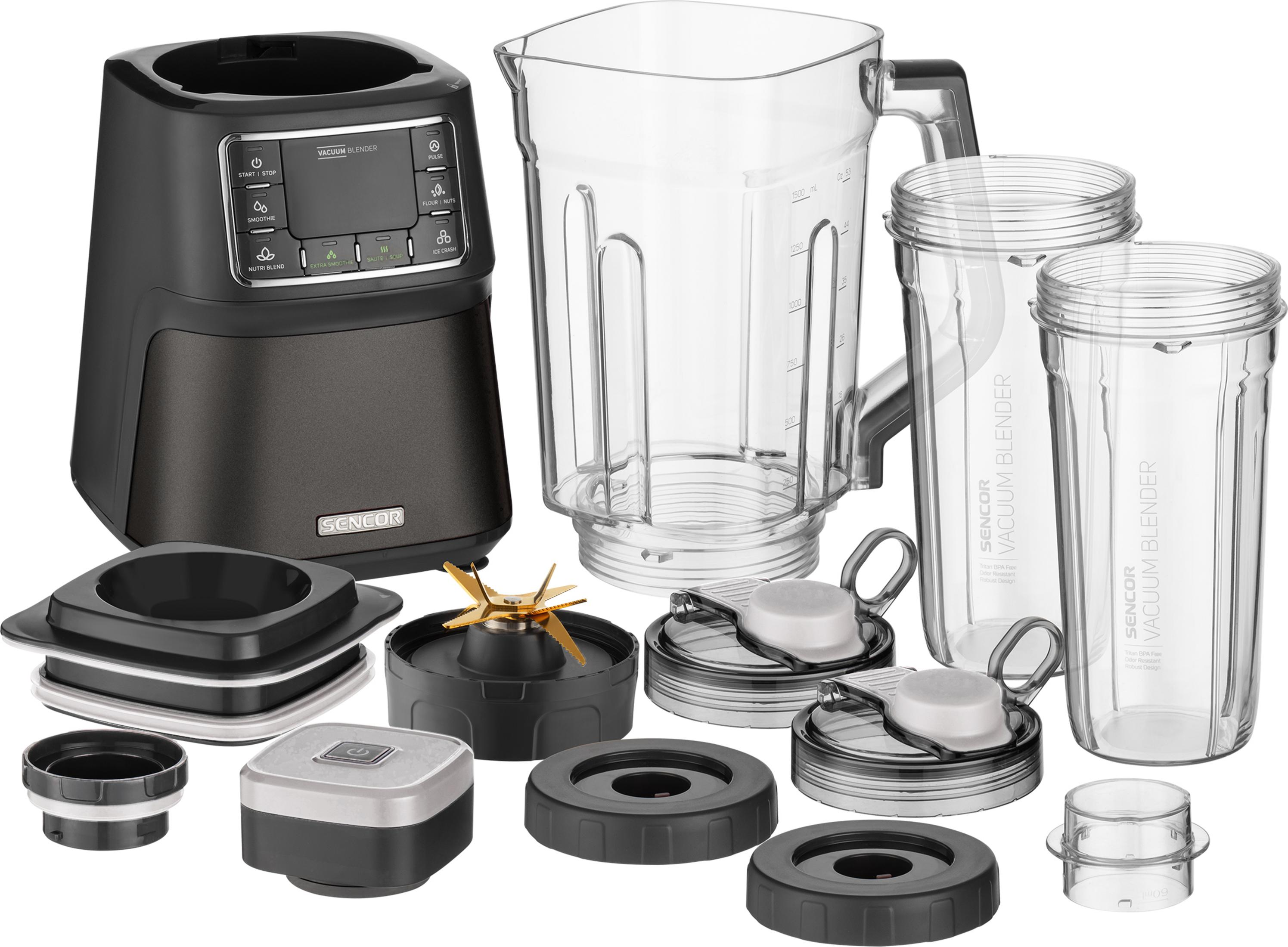 Un frullatore sottovuoto con base nera, caraffa in vetro, due bicchieri e accessori.