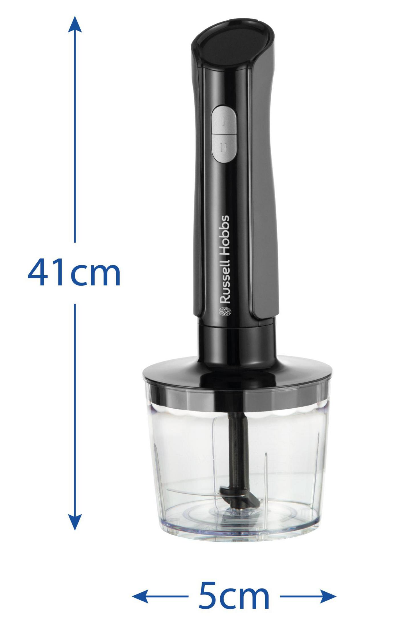 Czarny blender ręczny z przezroczystym pojemnikiem, 41 cm wysokości, 5 cm szerokości.