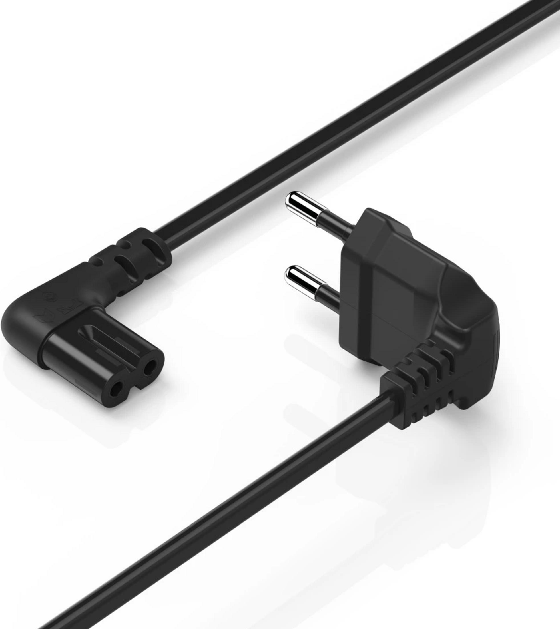Czarny kabel zasilający z kątową wtyczką i złączem C7.