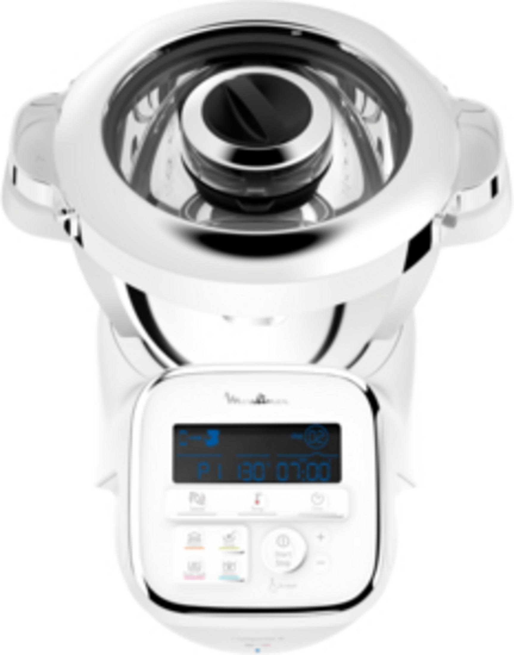 Un electrodoméstico de cocina blanco con pantalla digital y botones.