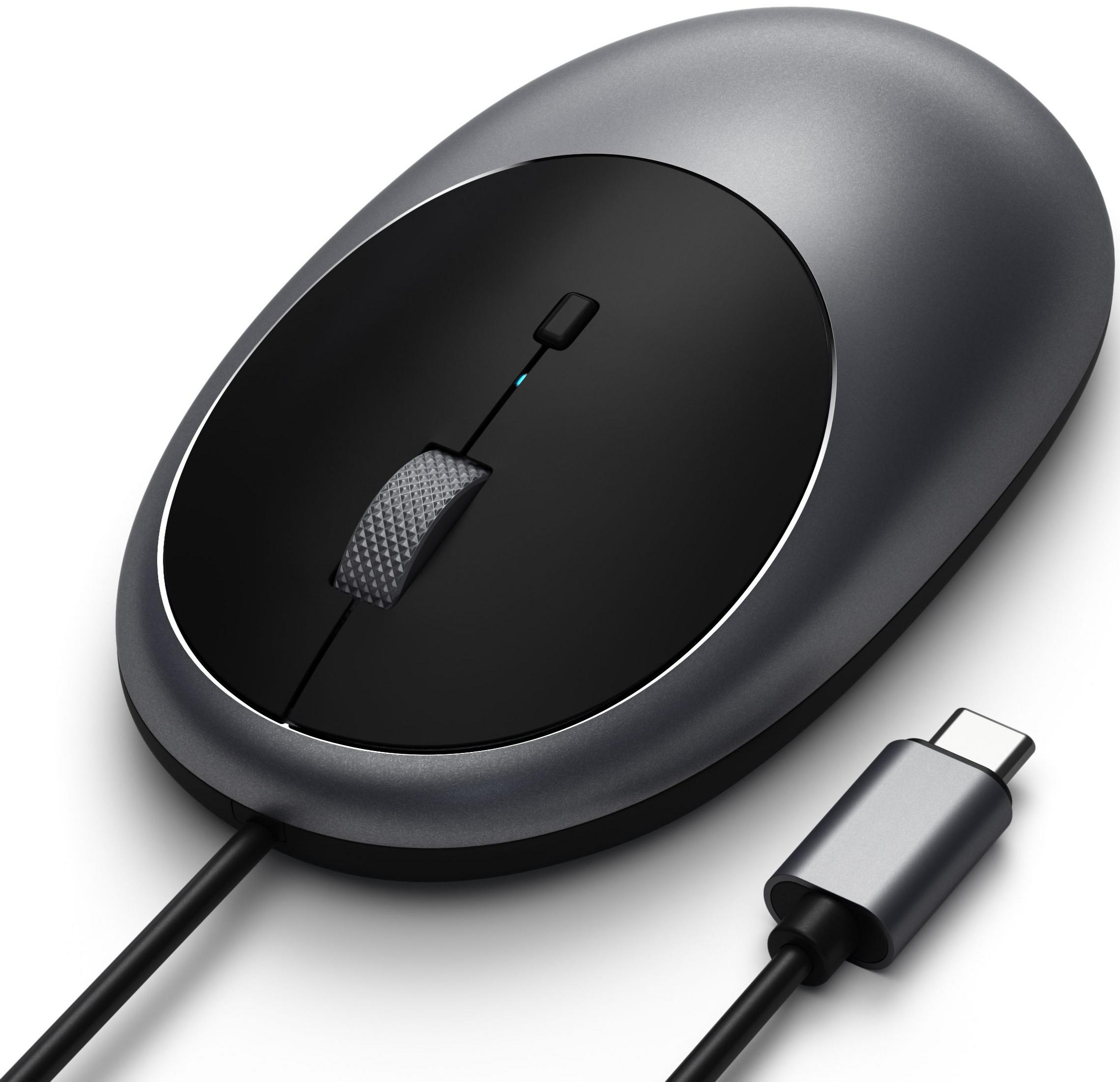 Szara mysz komputerowa z czarnym kółkiem i kablem USB-C.