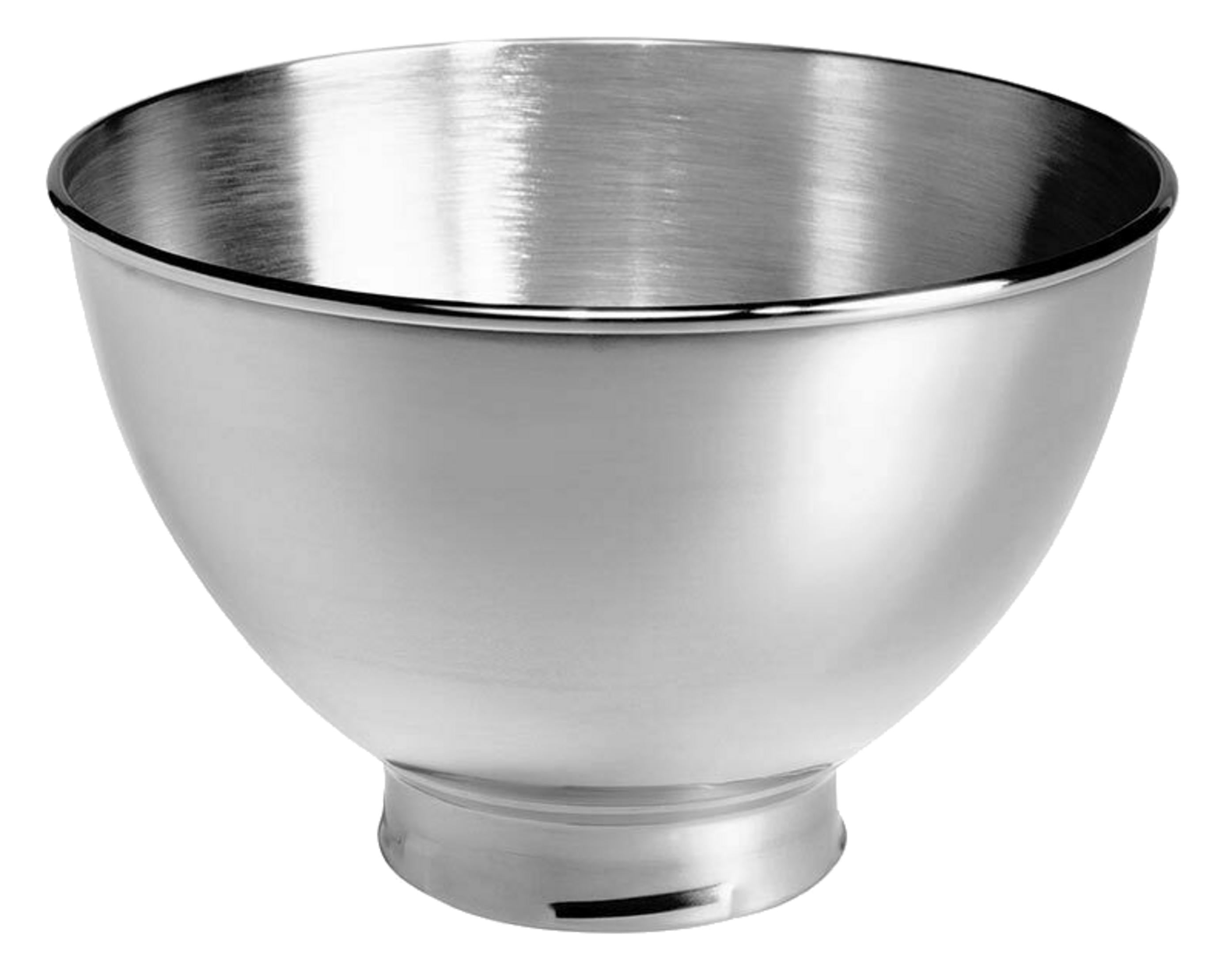 Błyszcząca miska ze stali nierdzewnej z szeroką krawędzią i wąską podstawą.