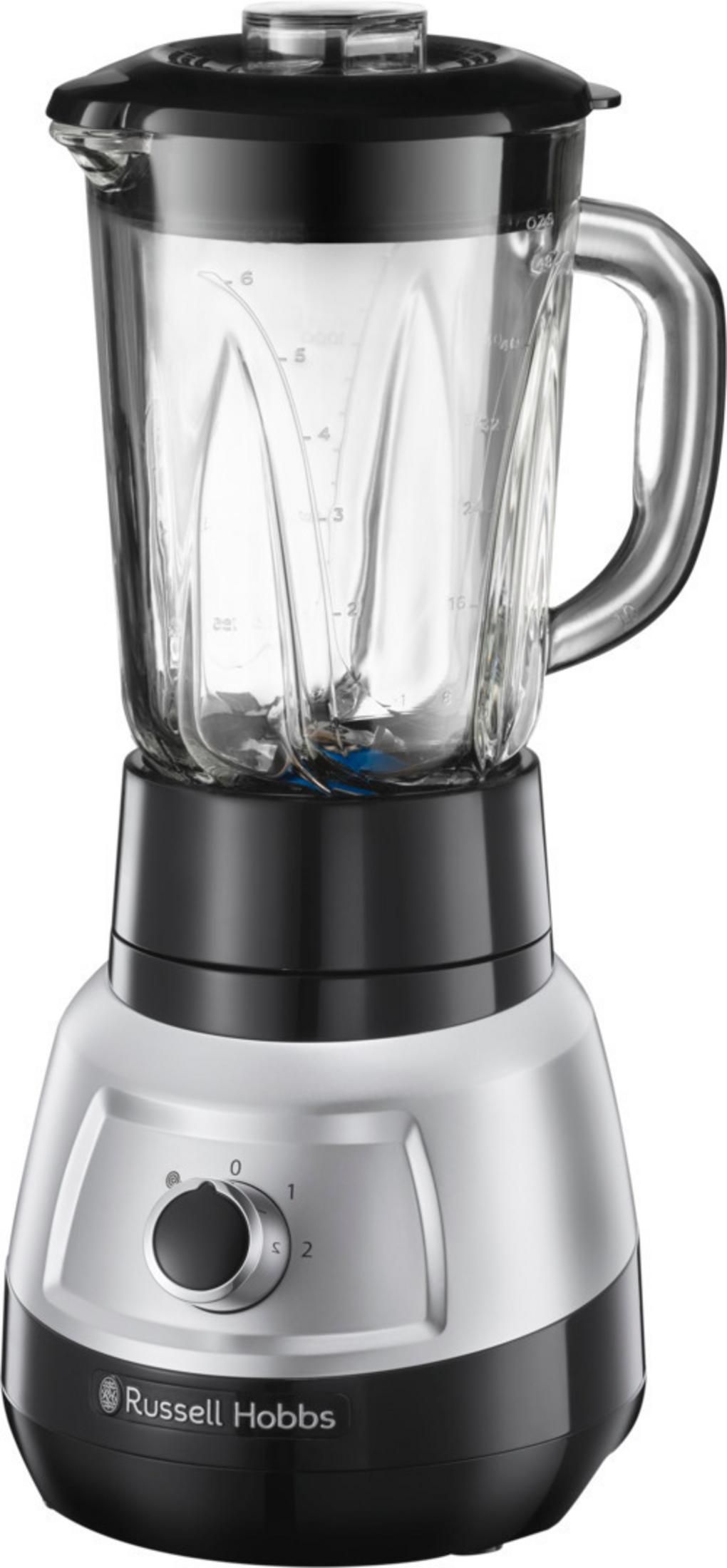 Cam sürahili ve gümüş tabanlı Russell Hobbs blender.