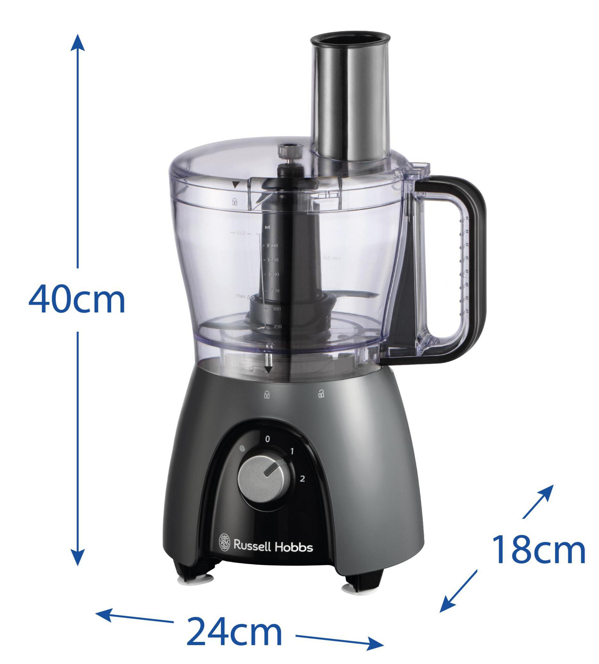 Grauer Russell Hobbs Küchenmaschinen-Sockel mit durchsichtigem Behälter und Metall-Hals.