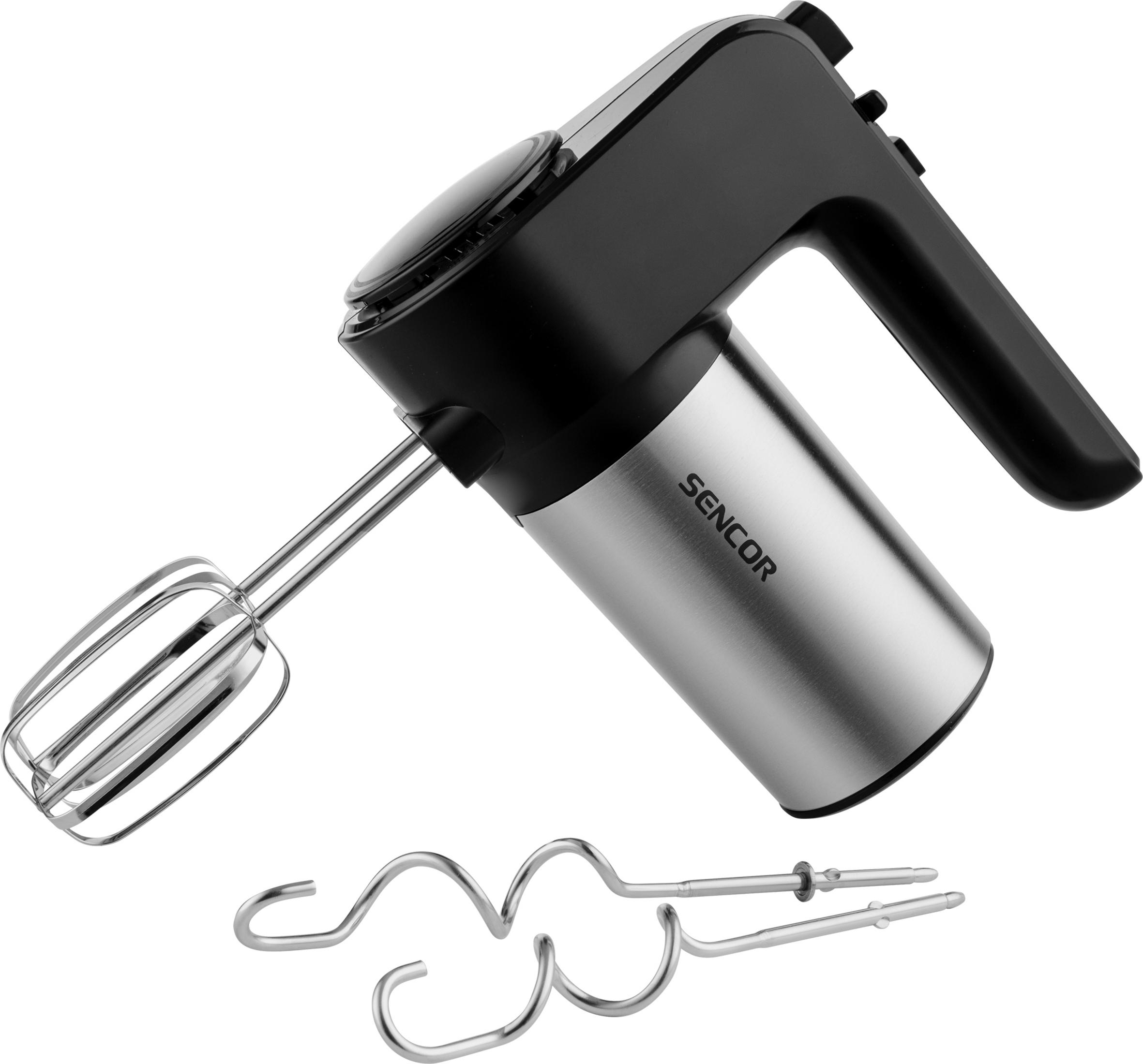 Sbattitore elettrico nero con accenti argentati e accessori.