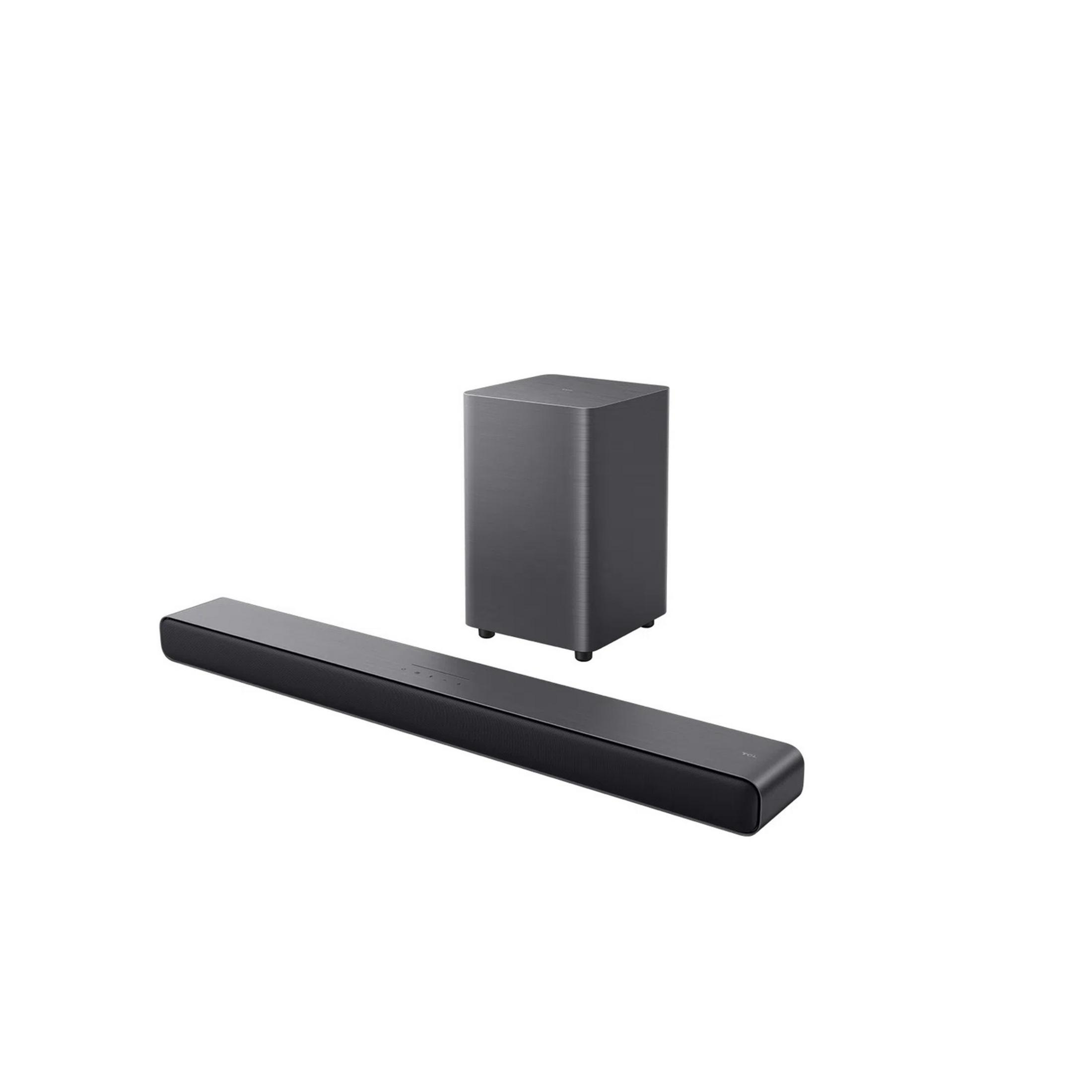 Czarny soundbar i subwoofer stoją obok siebie na białym tle.
