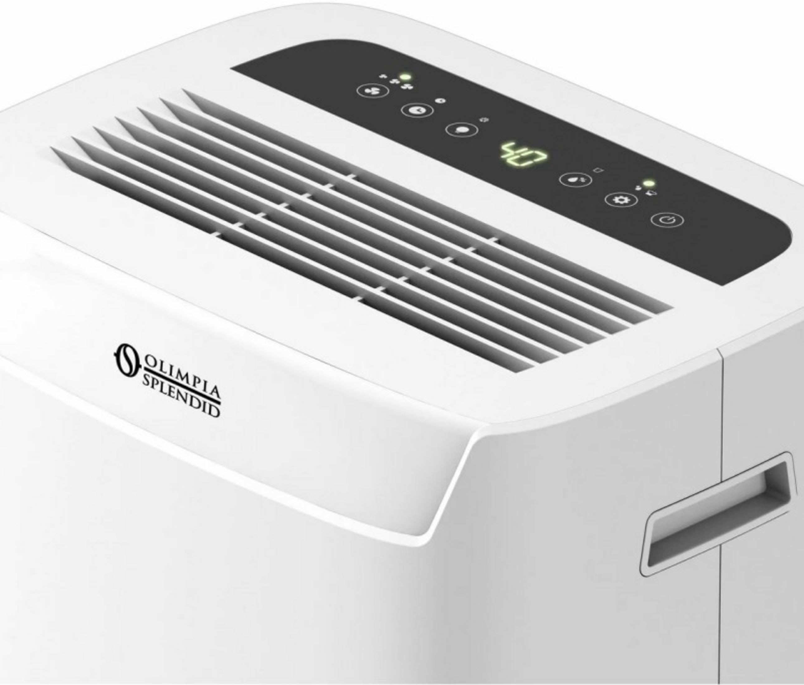 Biały osuszacz powietrza z cyfrowym wyświetlaczem i żaluzjami wentylacyjnymi.