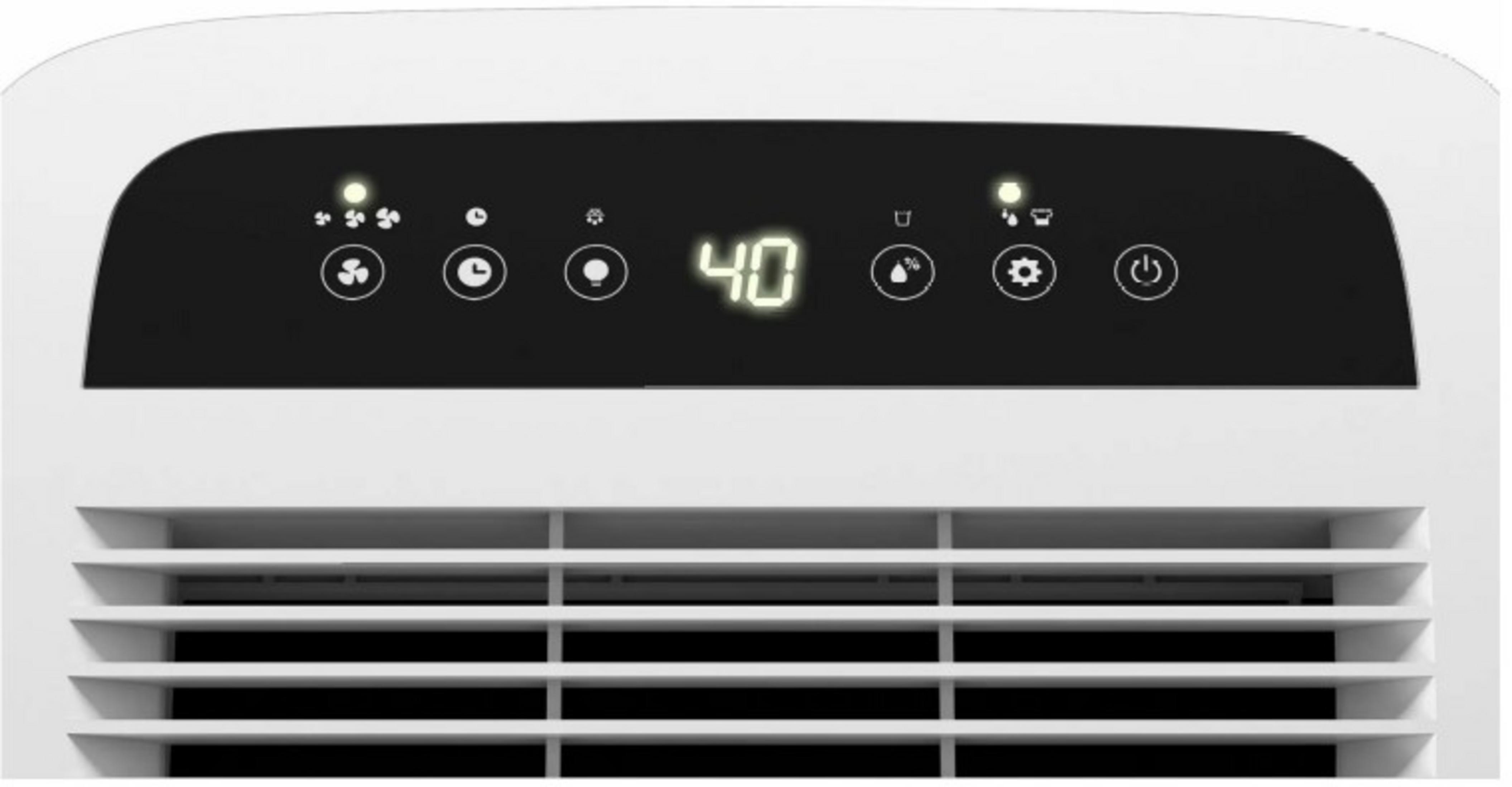 Cyfrowy wyświetlacz urządzenia z ikonami wentylatora, timera i zasilania.