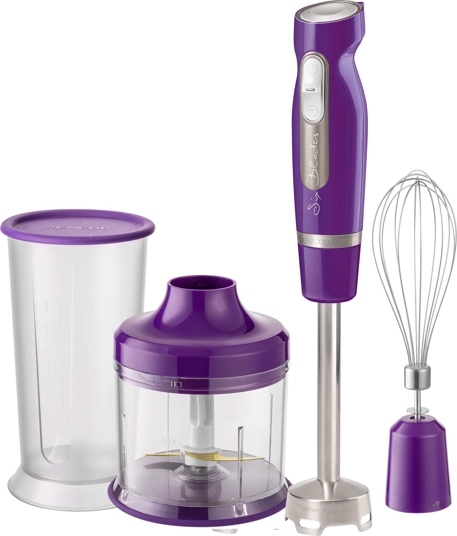 Lila Stabmixer-Set mit Zerkleinerer, Messbecher und Schneebesen.