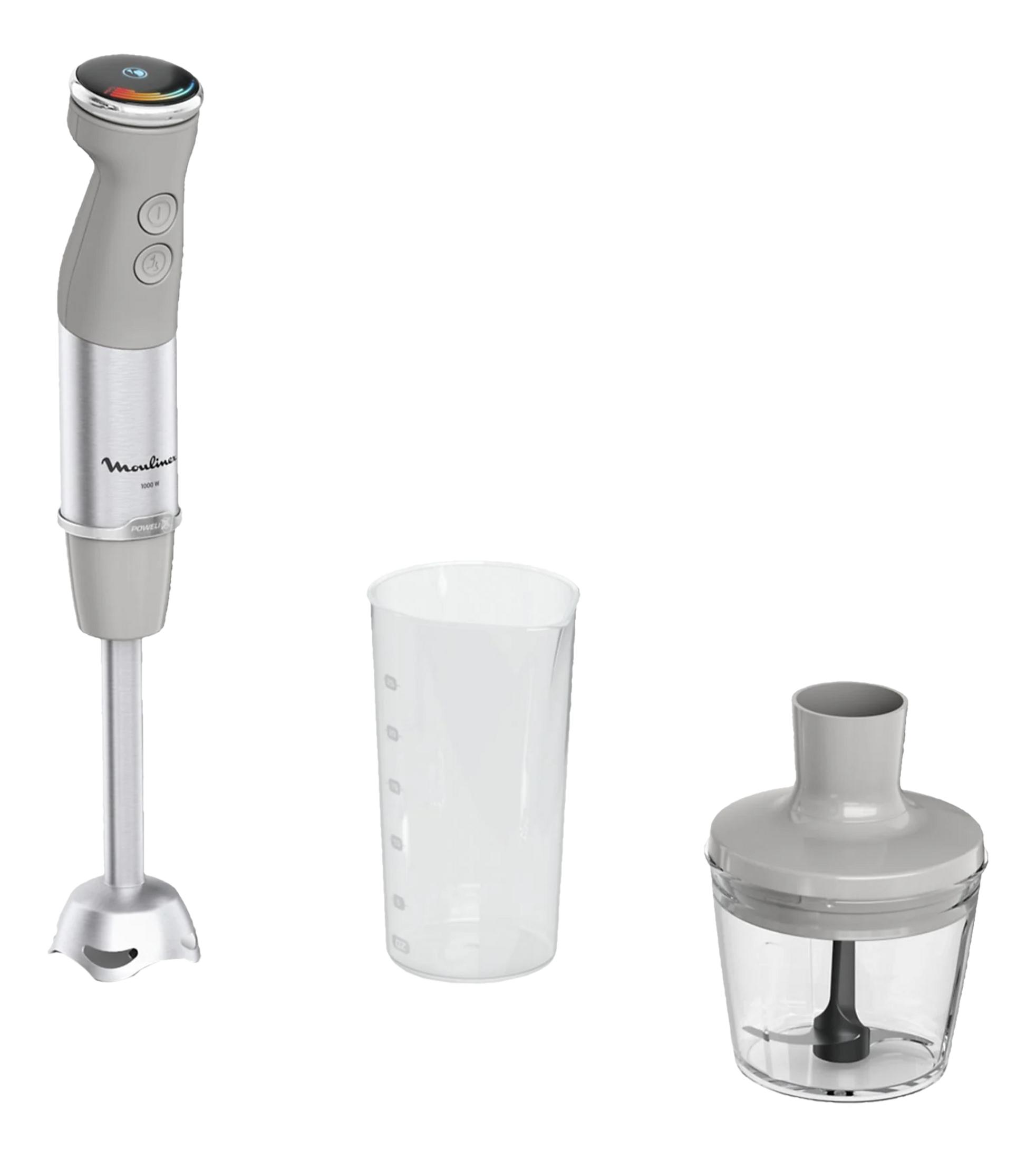 Blender ręczny z akcesoriami: kubek z miarką i przystawka siekająca.
