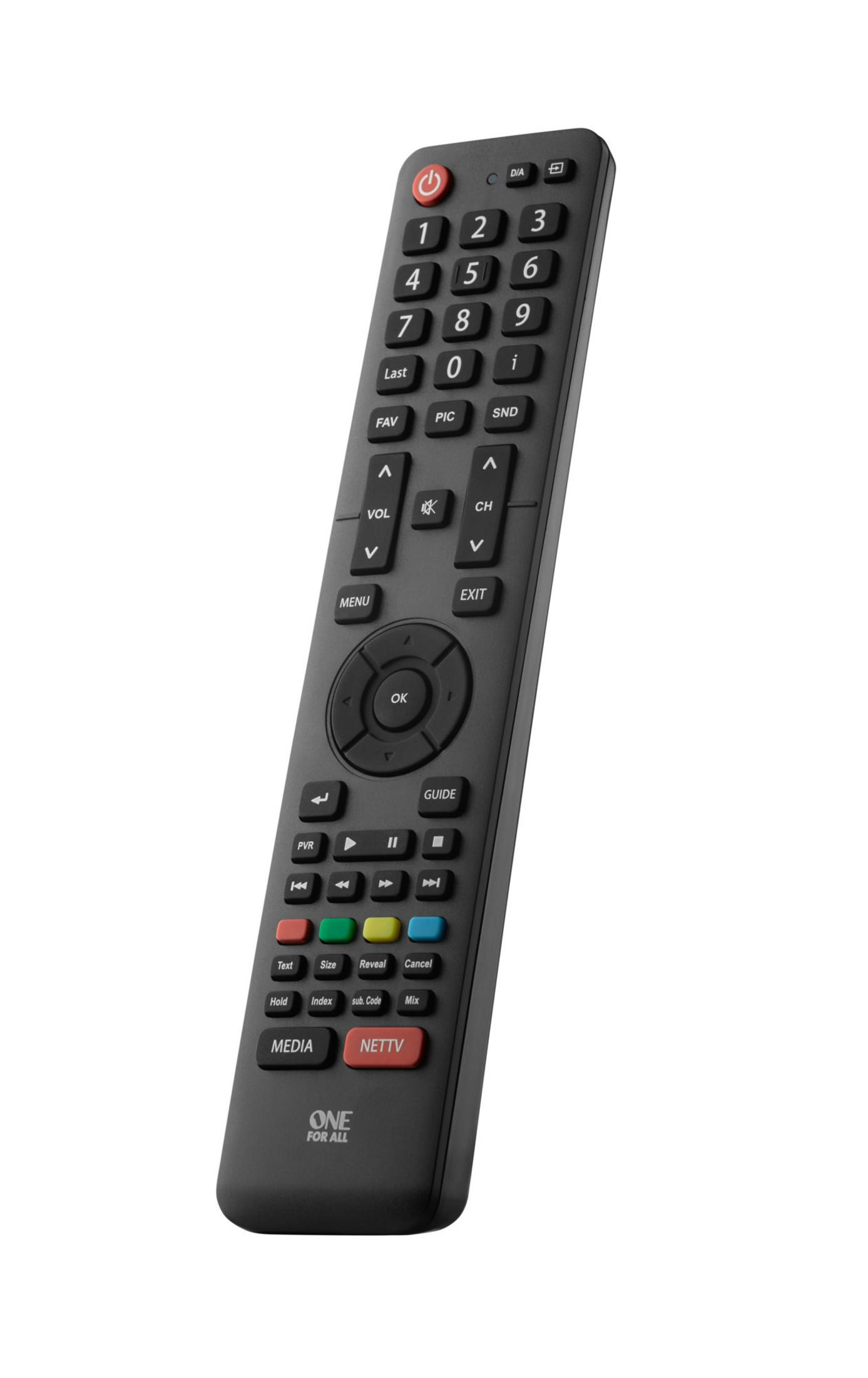 Schwarzer Fernsehfernbedienung mit nummerischen Tasten und Navigation.