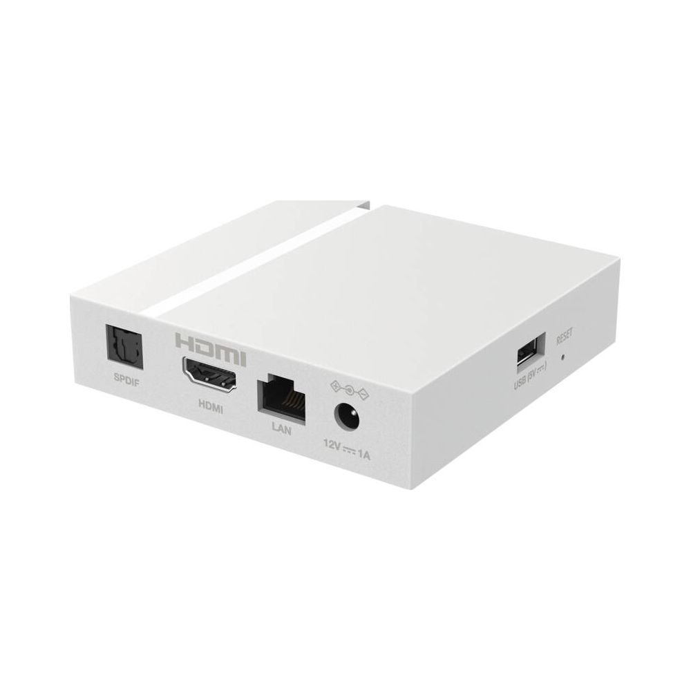 Un dispositivo bianco con porte HDMI, LAN, SPDIF, USB e 12V.