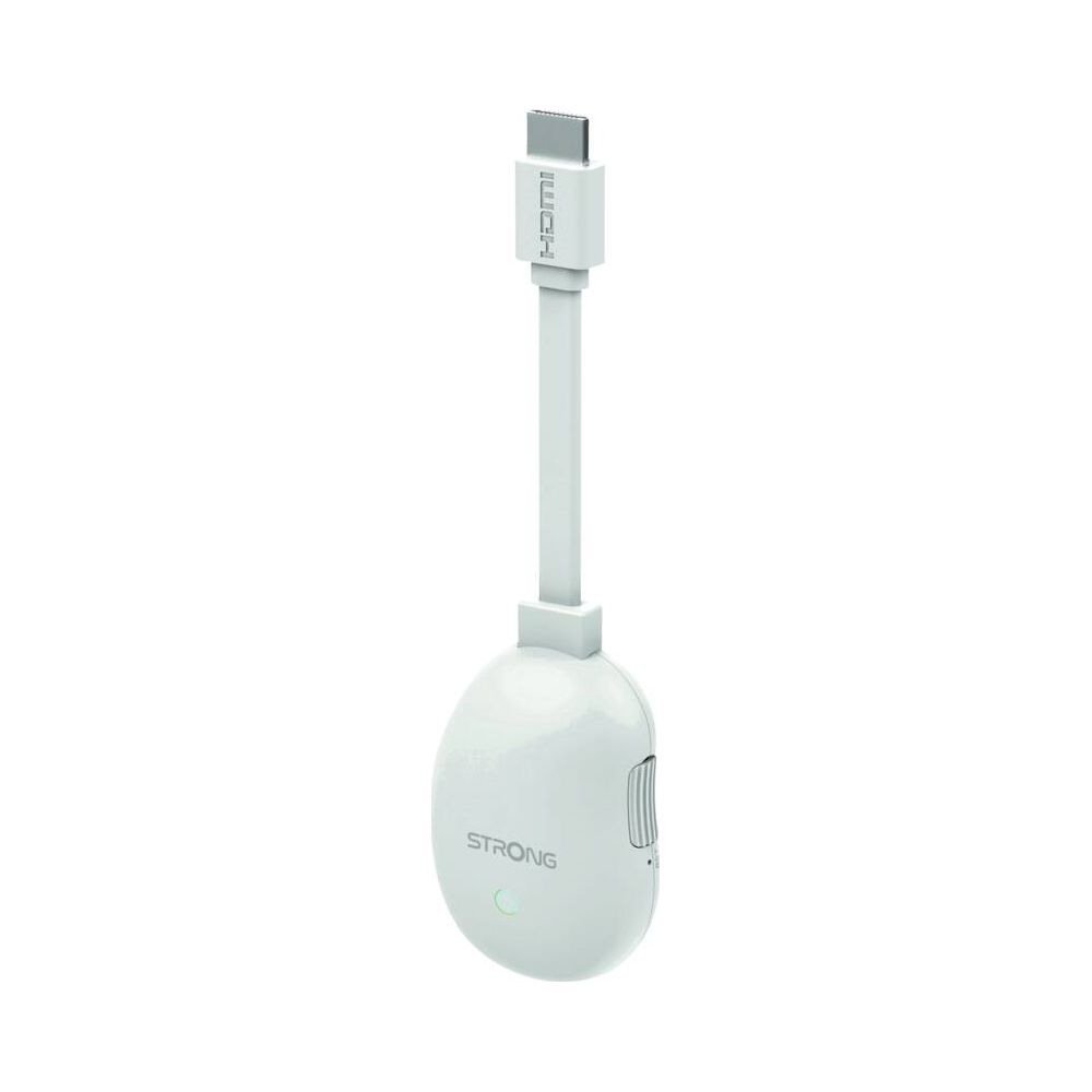 Ein weißer HDMI-Dongle mit rundem Gehäuse und Kabel.