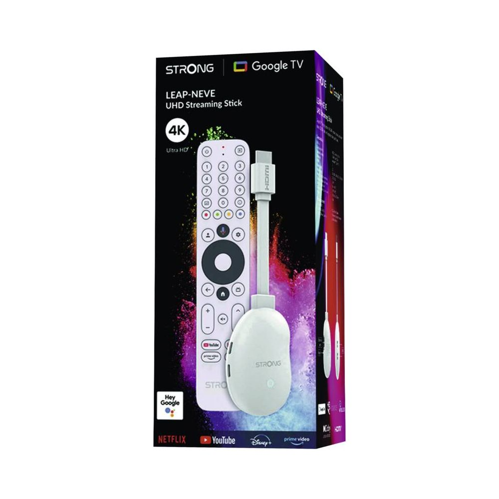Verpackung eines STRONG Google TV 4K Streaming Sticks mit Fernbedienung.
