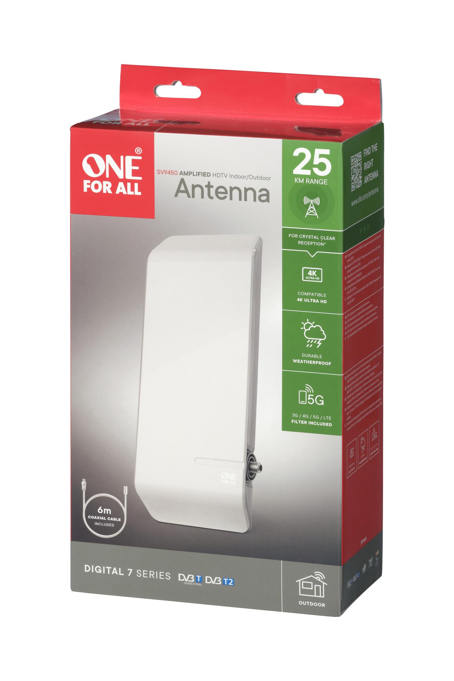 Caja de una antena HDTV amplificada blanca para interior/exterior.