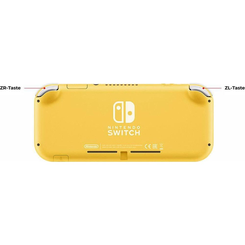 Tył żółtej konsoli Nintendo Switch Lite z logo i etykietami.