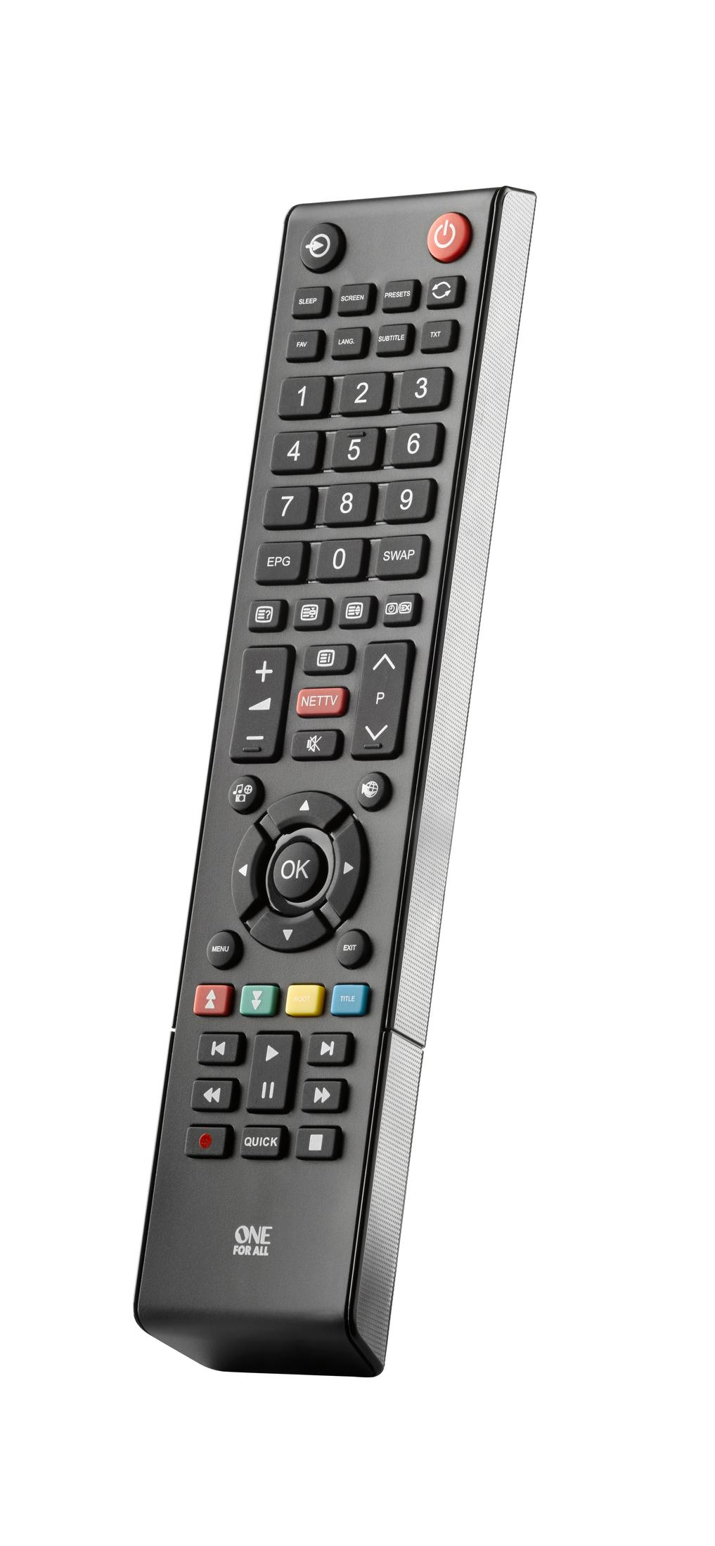 Czarny pilot z klawiaturą numeryczną, krzyżakiem nawigacyjnym i przyciskiem OK.