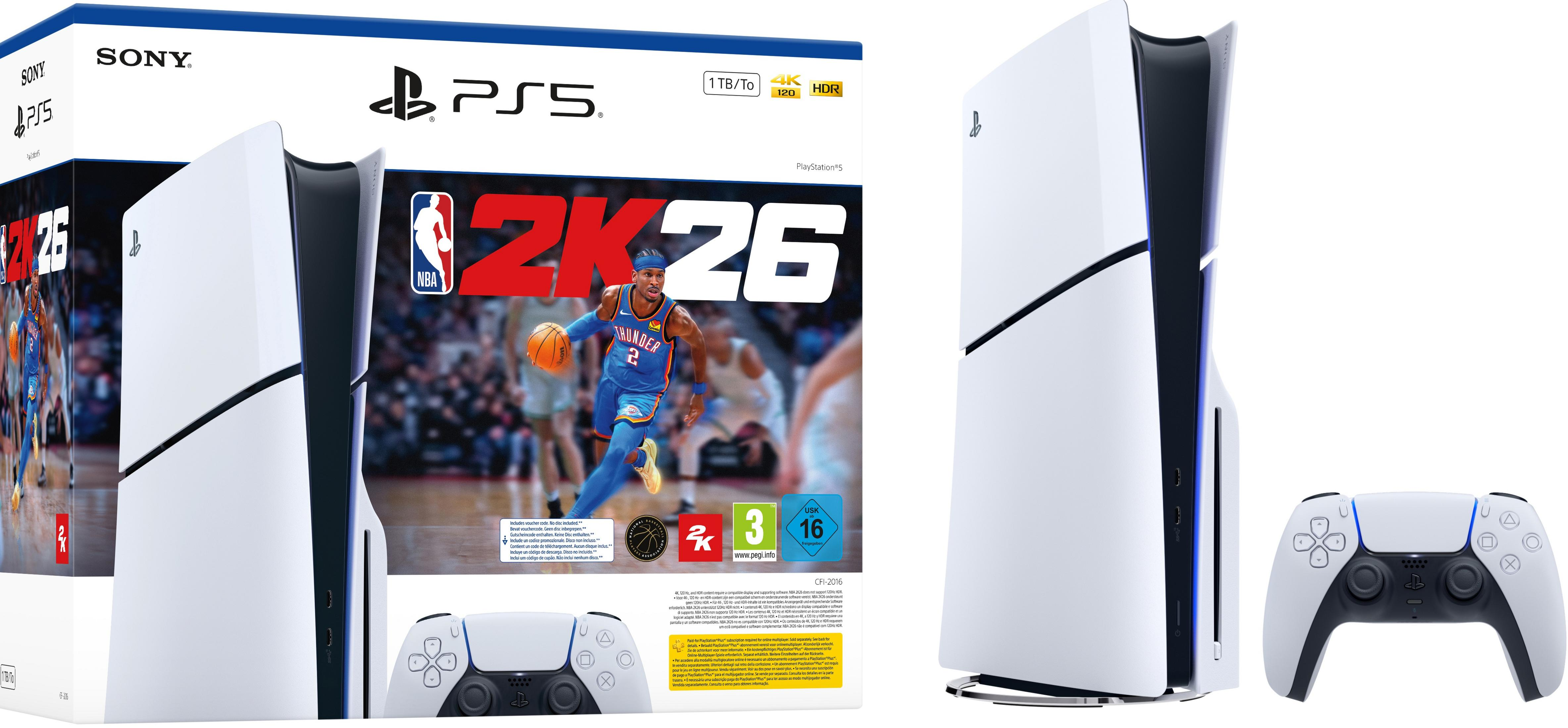 PlayStation 5 Konsole mit NBA 2K26 Spielverpackung, Controller und Zubehör.