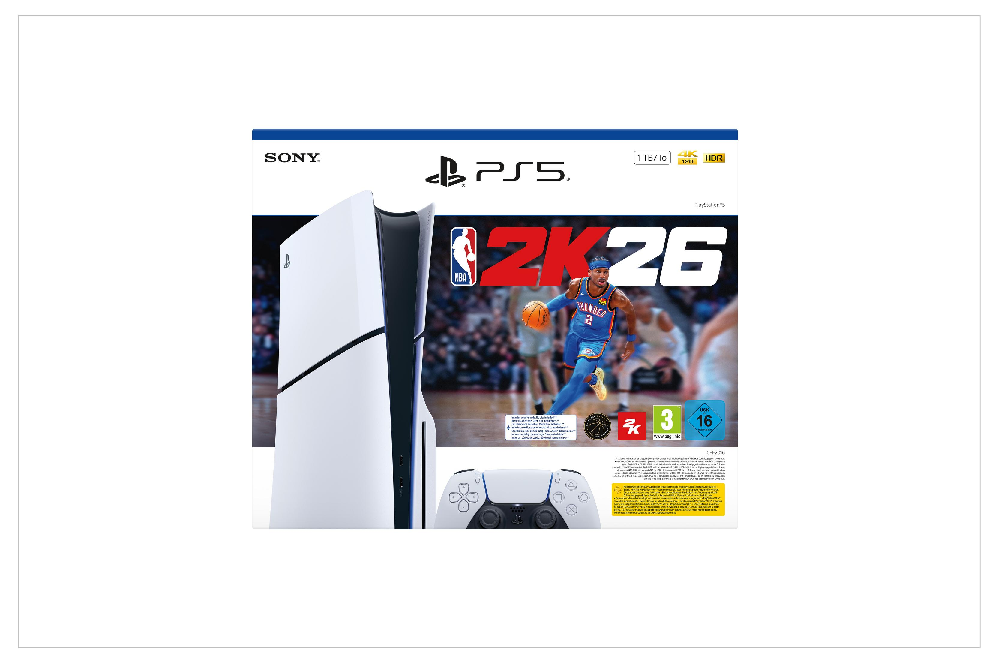 PlayStation 5 Konsole mit NBA 2K26 Spiel und Controller. Blaue Spieler-Grafik.