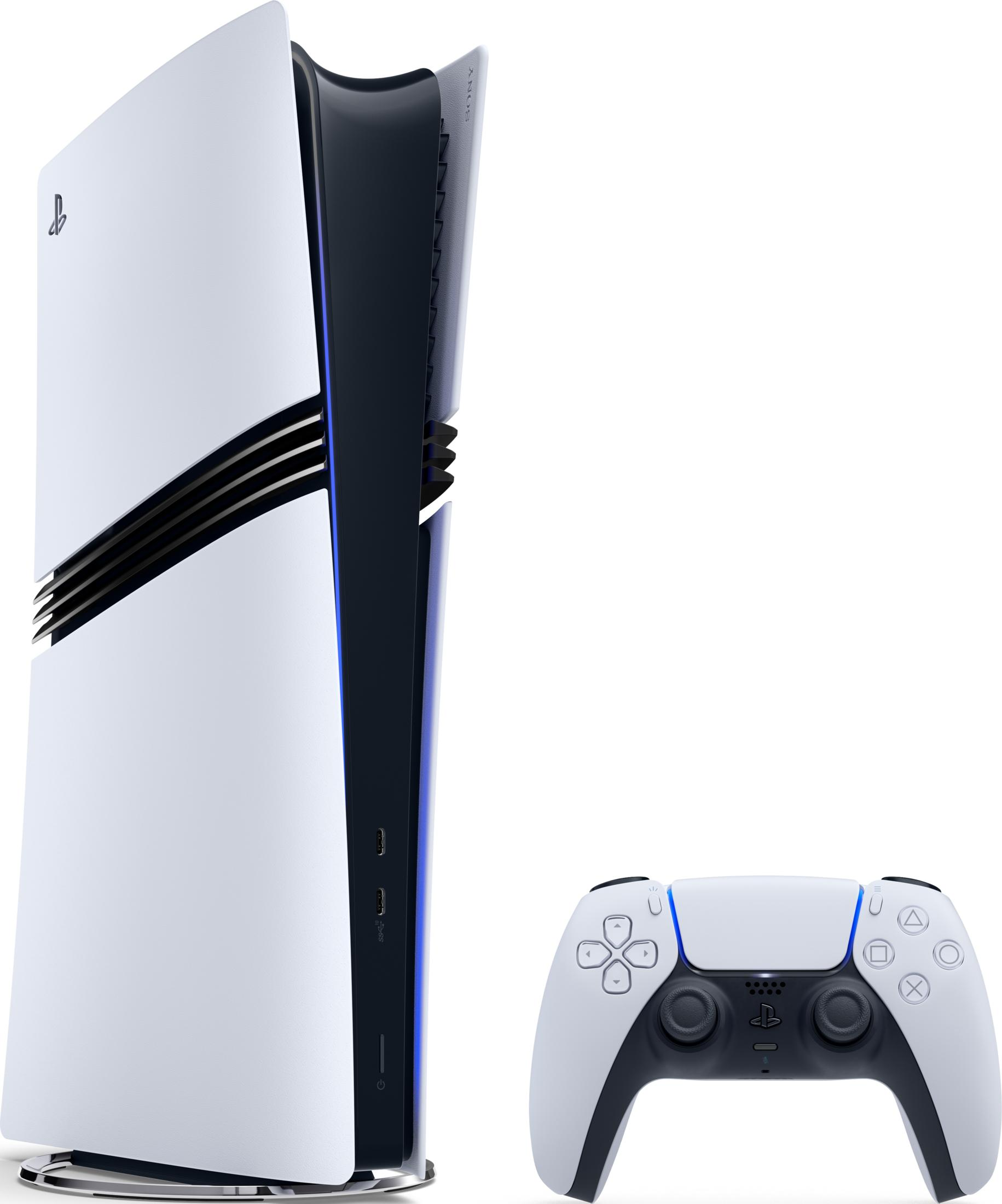 Eine weiße PS5-Konsole mit schwarzem Controller, auf weißem Hintergrund.