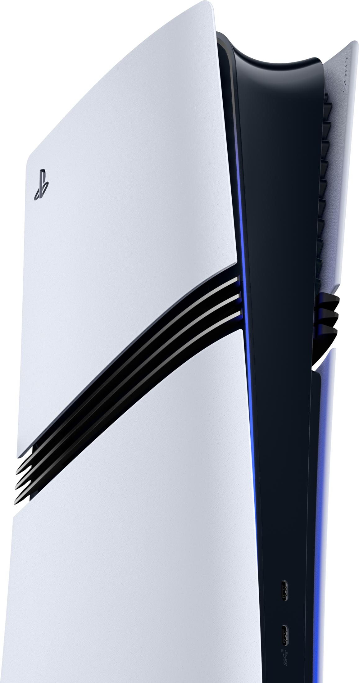Weiße PlayStation 5 Konsole mit schwarzem Inneren, Lüftungsschlitzen und blauem Licht.