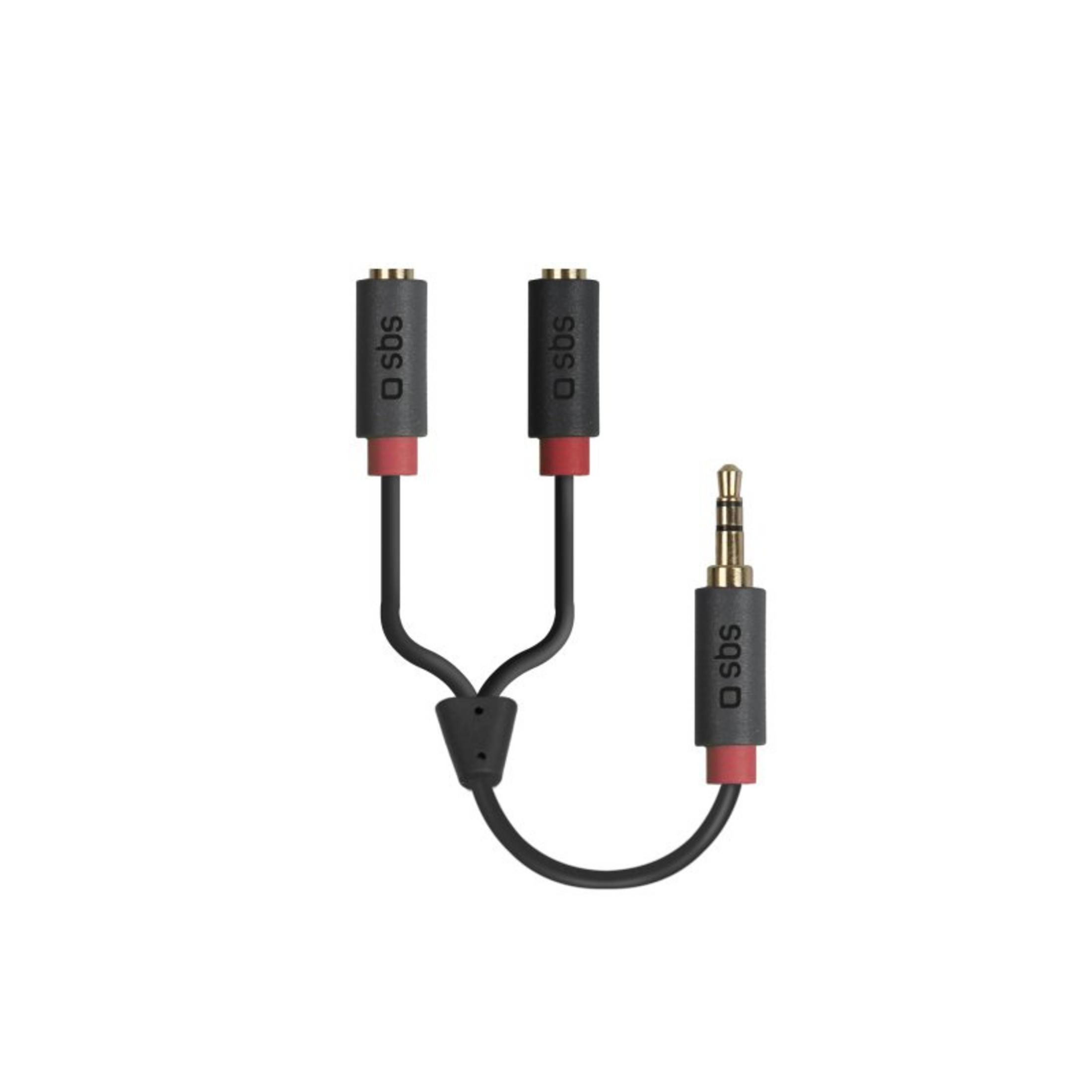 Ein schwarzes Audiokabel mit zwei Buchsen und einem Stecker.