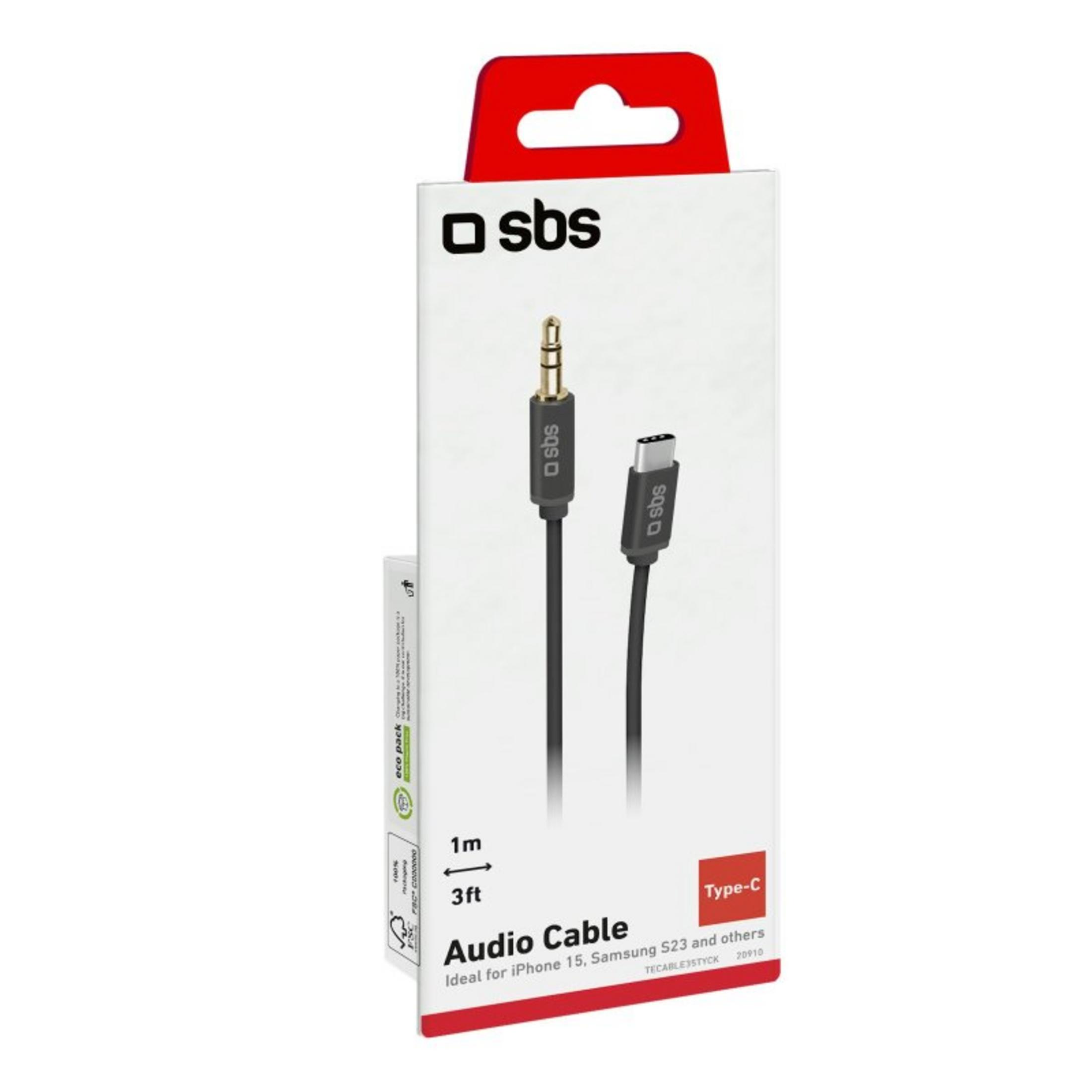 SBS Audio-Kabel-Verpackung mit 3,5-mm-Klinkenstecker und USB-C.