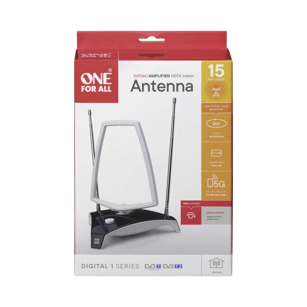 Verpackung einer ONE FOR ALL HDTV Indoor Antenne mit Teleskopantennen.