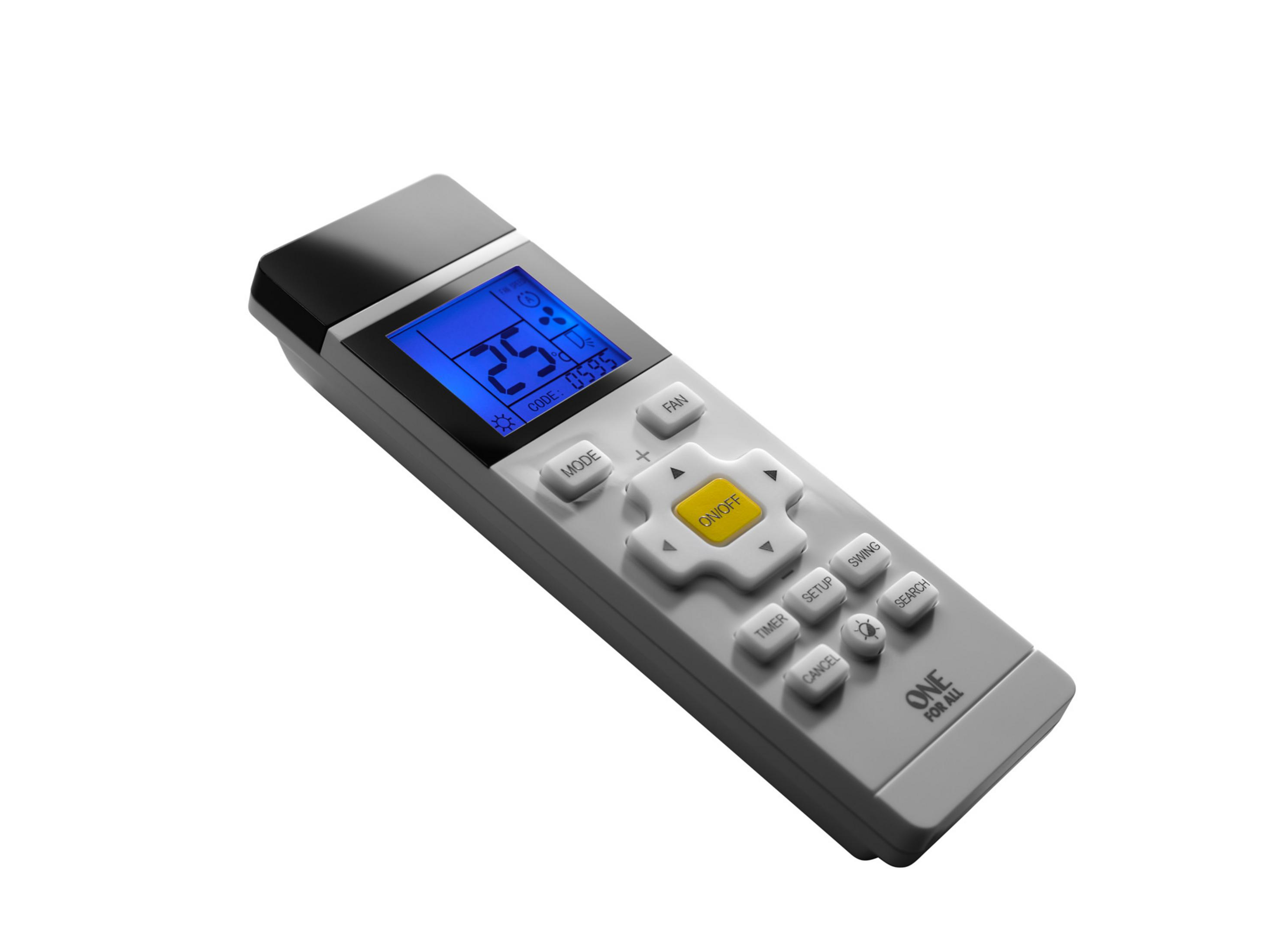 Szary pilot z niebieskim ekranem i żółtym przyciskiem wł./wył.