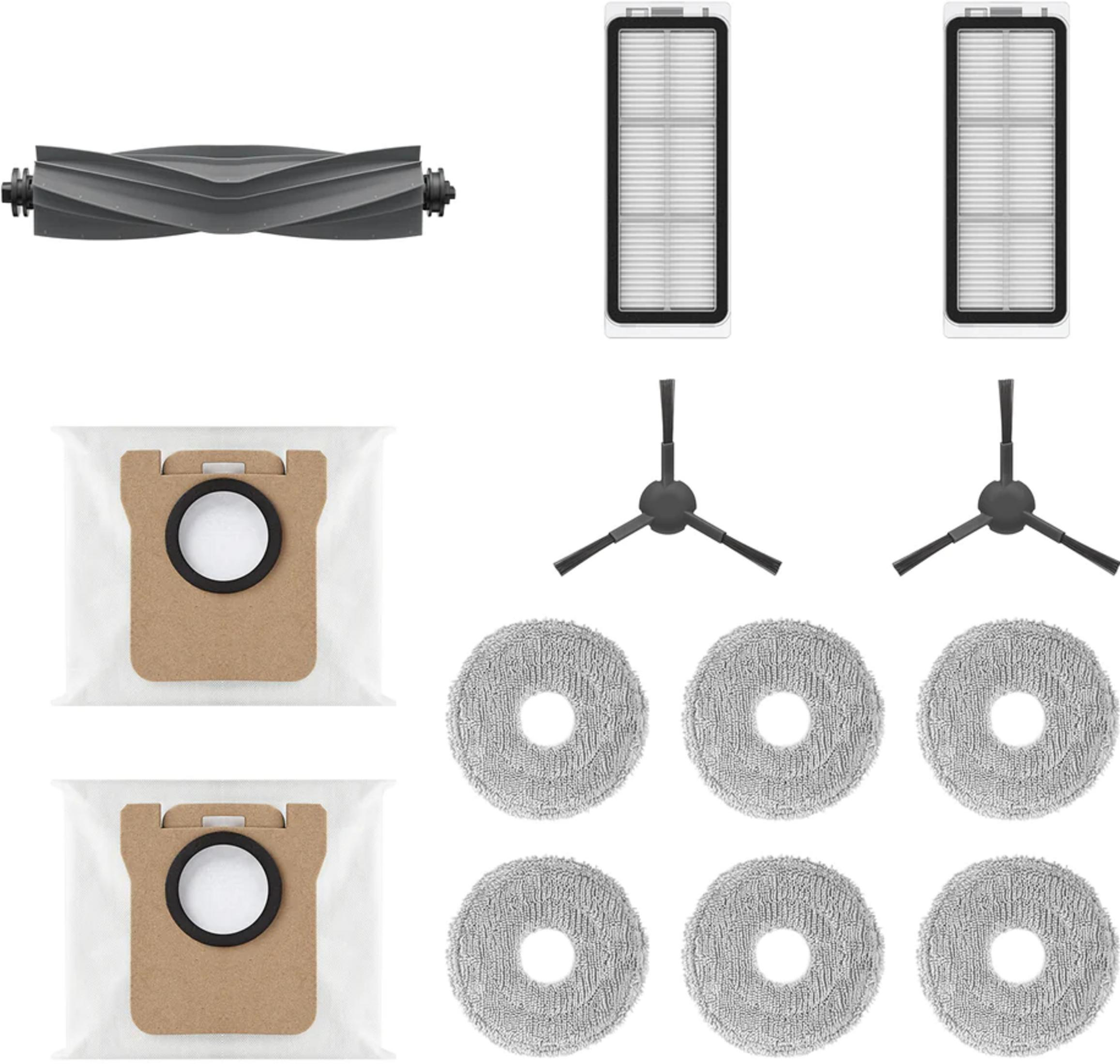 Accesorios para robot aspirador: cepillo rodante, filtros, bolsas de polvo, cepillos laterales y mopas.