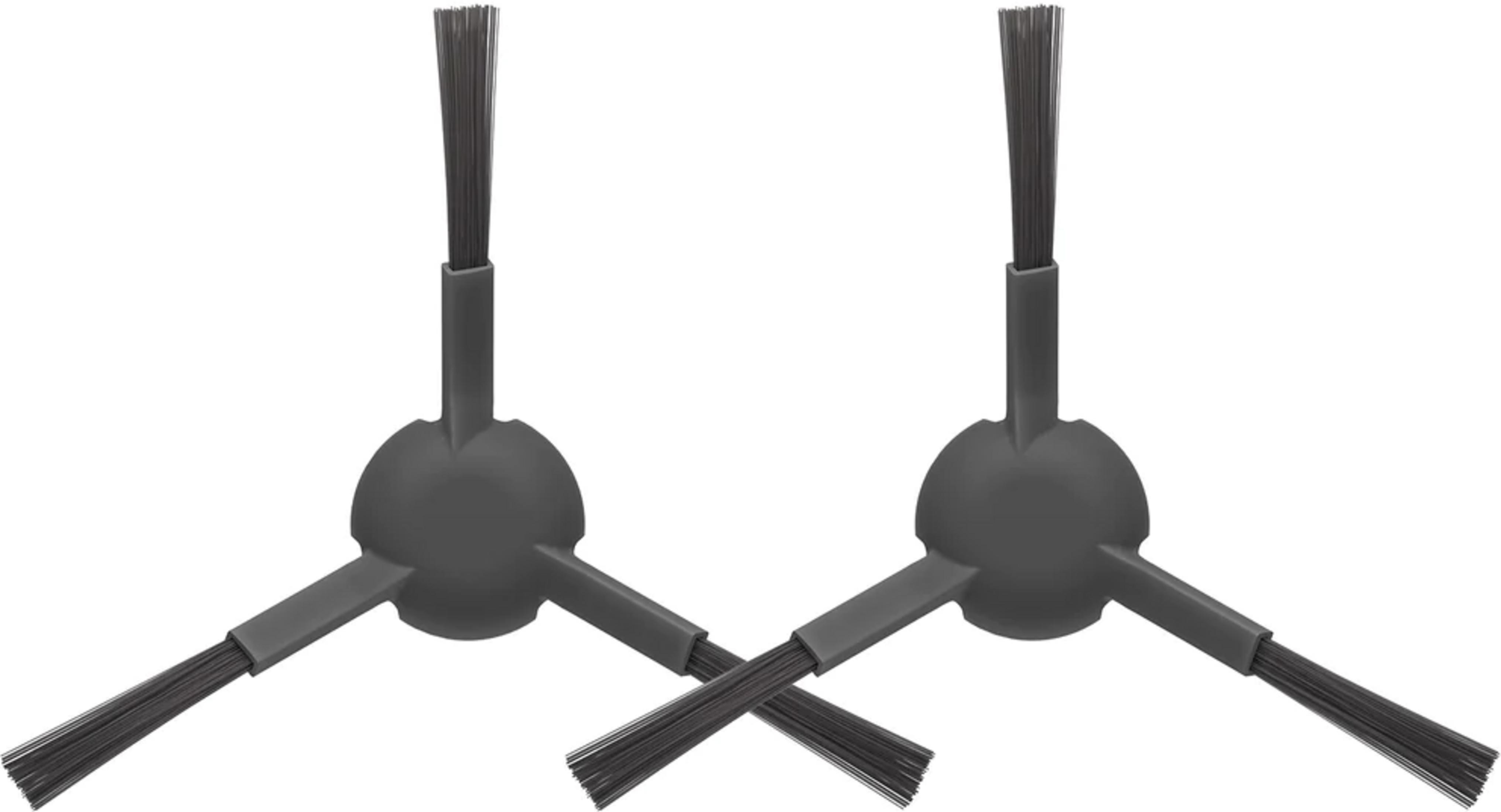 Dos cepillos laterales grises para un robot aspirador, sobre fondo blanco.