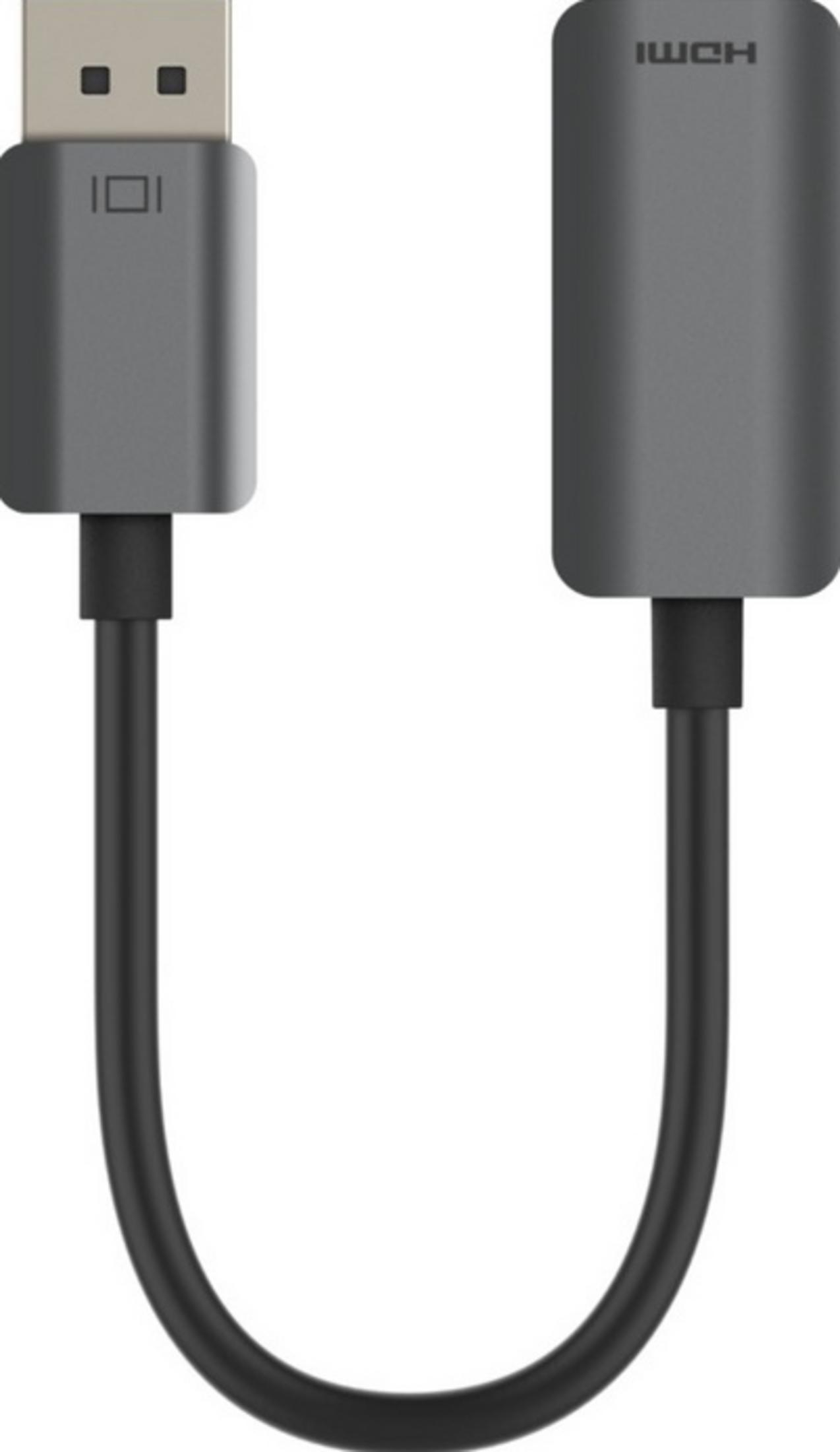 Szary adapter DisplayPort na HDMI z czarnym kablem.