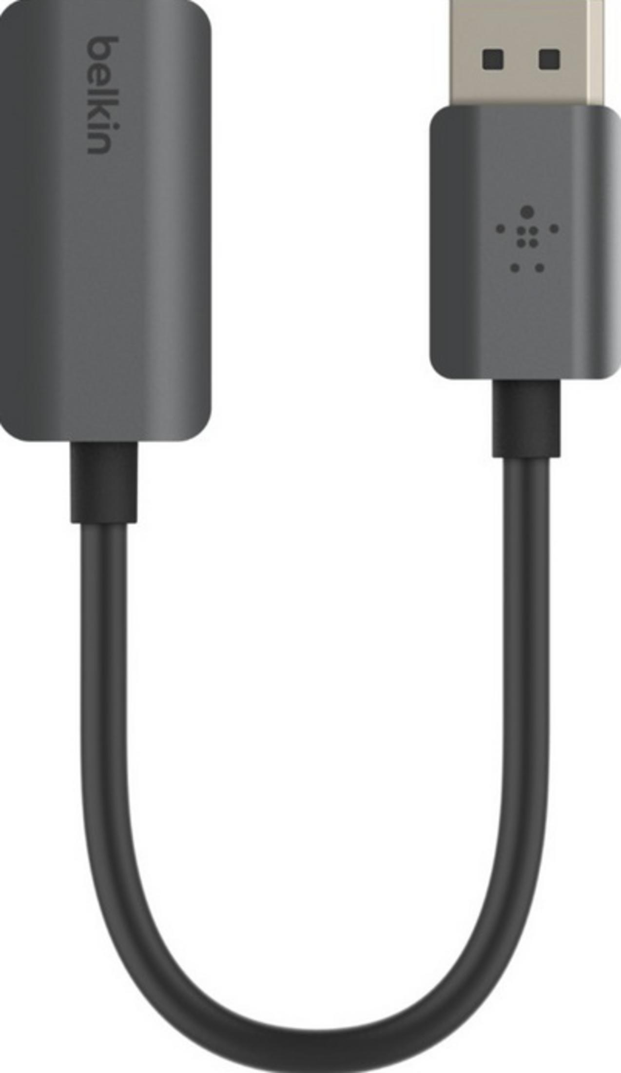 Szary adapter Belkin z czarnym kablem i złączem DisplayPort.