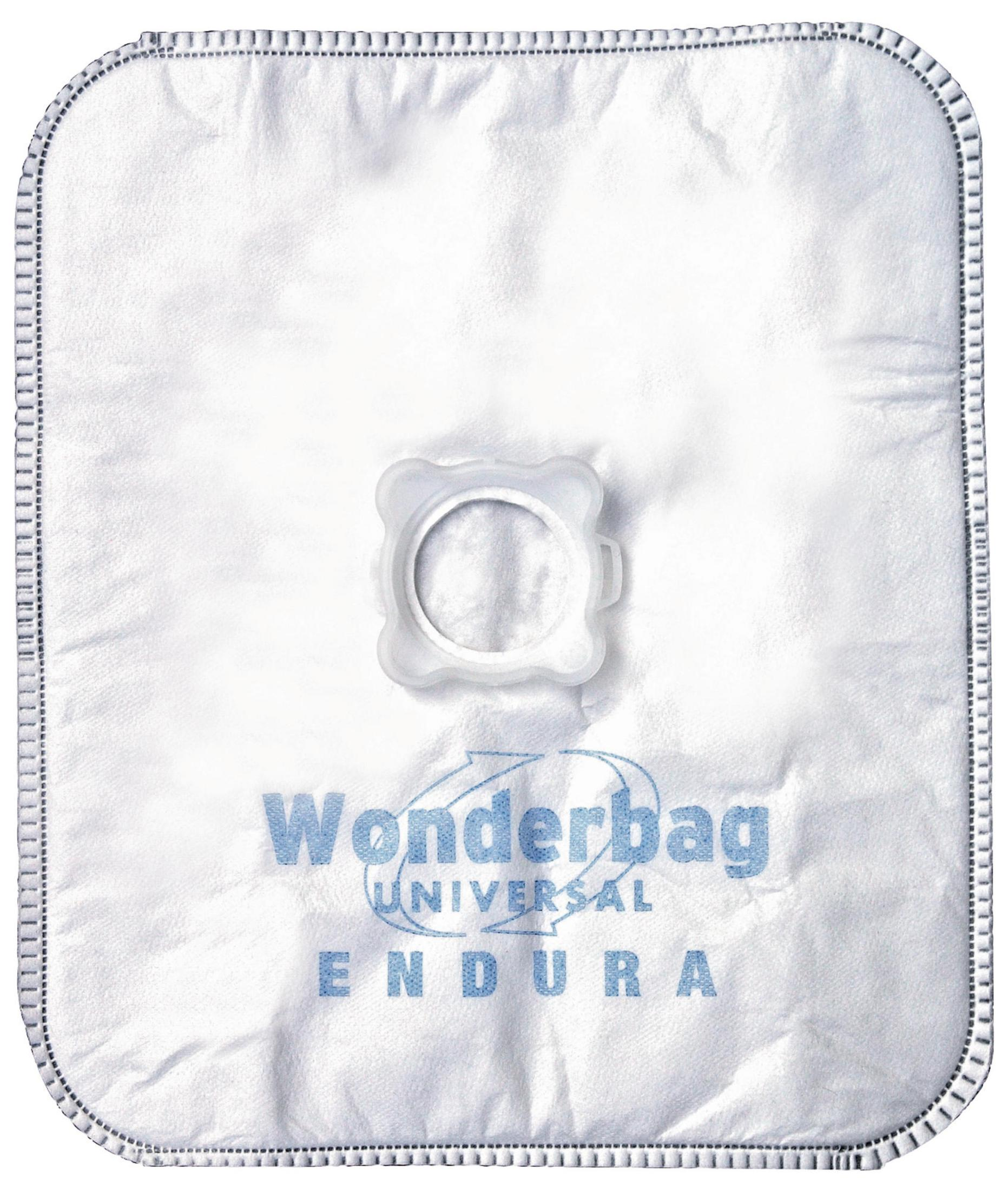 Bolsa de aspiradora blanca con texto azul: Wonderbag Universal Endura.